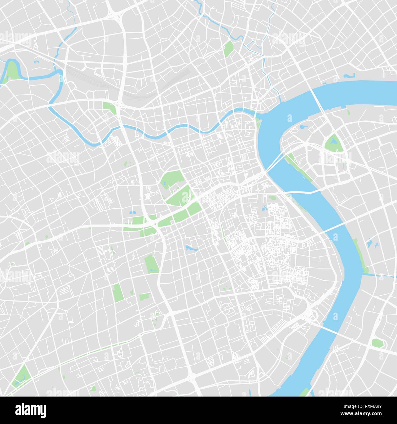 Downtown mappa vettoriale di Shanghai in Cina. Questa mappa stampabile di Shanghai contiene linee classiche e forme colorate per terra di massa, parchi, acqua, un importante Illustrazione Vettoriale