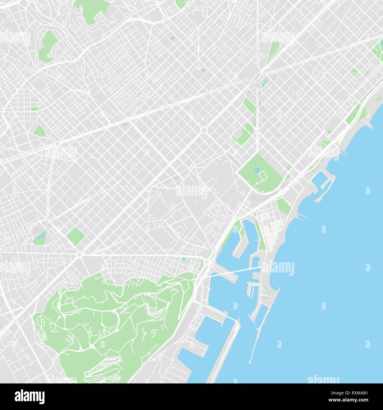 Downtown mappa vettoriale di Barcellona, Spagna. Questa mappa stampabile di Barcellona contiene linee classiche e forme colorate per terra di massa, parchi, acqua, principali Illustrazione Vettoriale