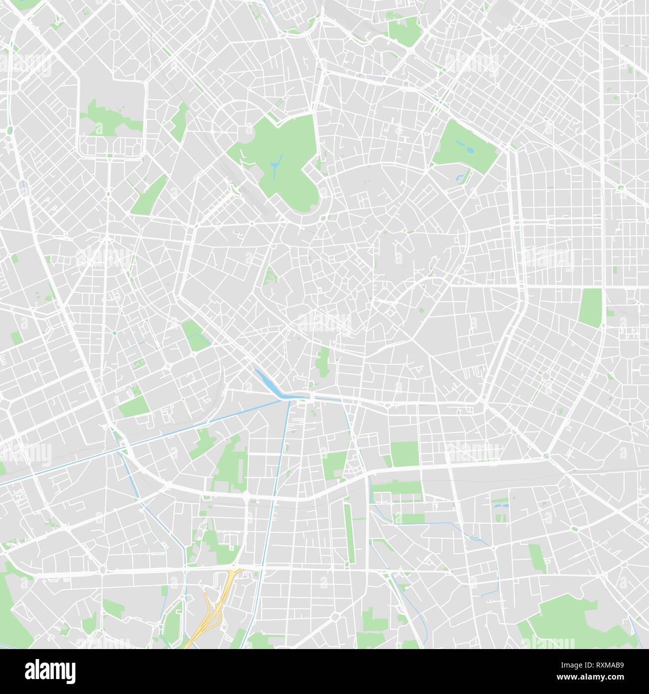 Downtown mappa vettoriale di Milano, Italia. Questa mappa stampabile di Milano contiene linee classiche e forme colorate per terra di massa, parchi, acqua, principali e mino Illustrazione Vettoriale
