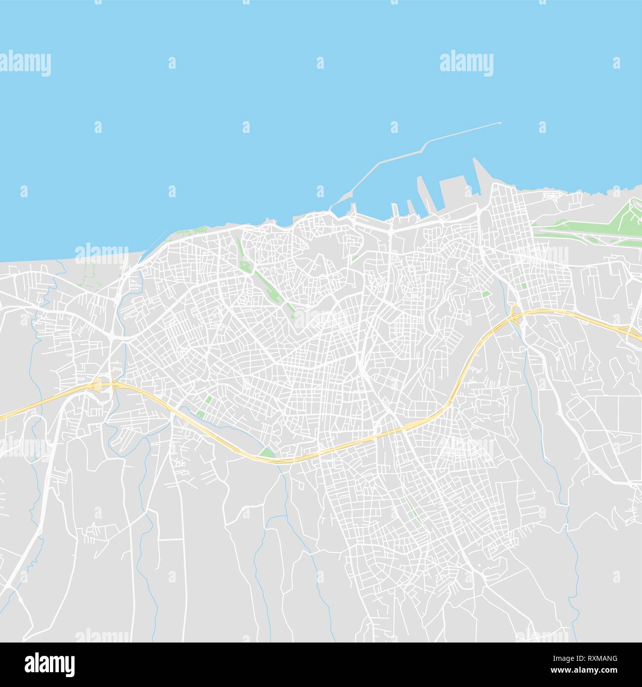 Downtown mappa vettoriale di Heraklion, Grecia. Questa mappa stampabile di Heraklion contiene linee classiche e forme colorate per terra di massa, parchi, acqua, principali Illustrazione Vettoriale