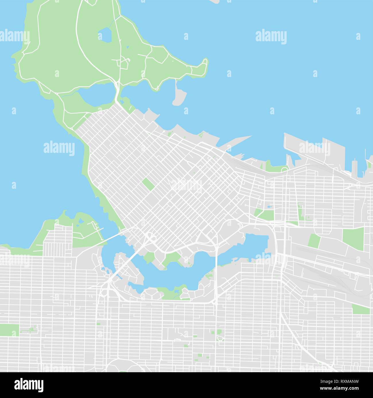 Downtown mappa vettoriale di Vancouver, Canada. Questa mappa stampabile di Vancouver contiene linee classiche e forme colorate per terra di massa, parchi, acqua, principali Illustrazione Vettoriale