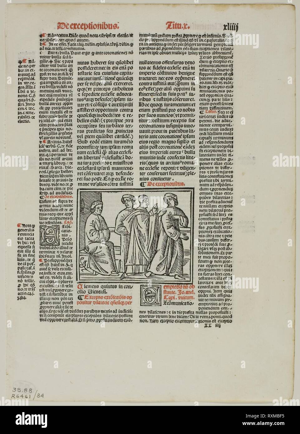 Illustrazione da Sisto decretalium liber di Bonifce VIII, piastra 84 da xilografie da libri del XVI secolo. Artista sconosciuto (italiano, XVI secolo); assemblate da Max Geisberg (Swiss, 1875-1943). Data: 1514-1515. Dimensioni: 53 x 64 mm (nell'immagine); 167 x 118 mm (l'immagine/testo); 218 x 159 mm (foglio). Silografia su carta. Origine: Italia. Museo: Chicago Art Institute. Foto Stock