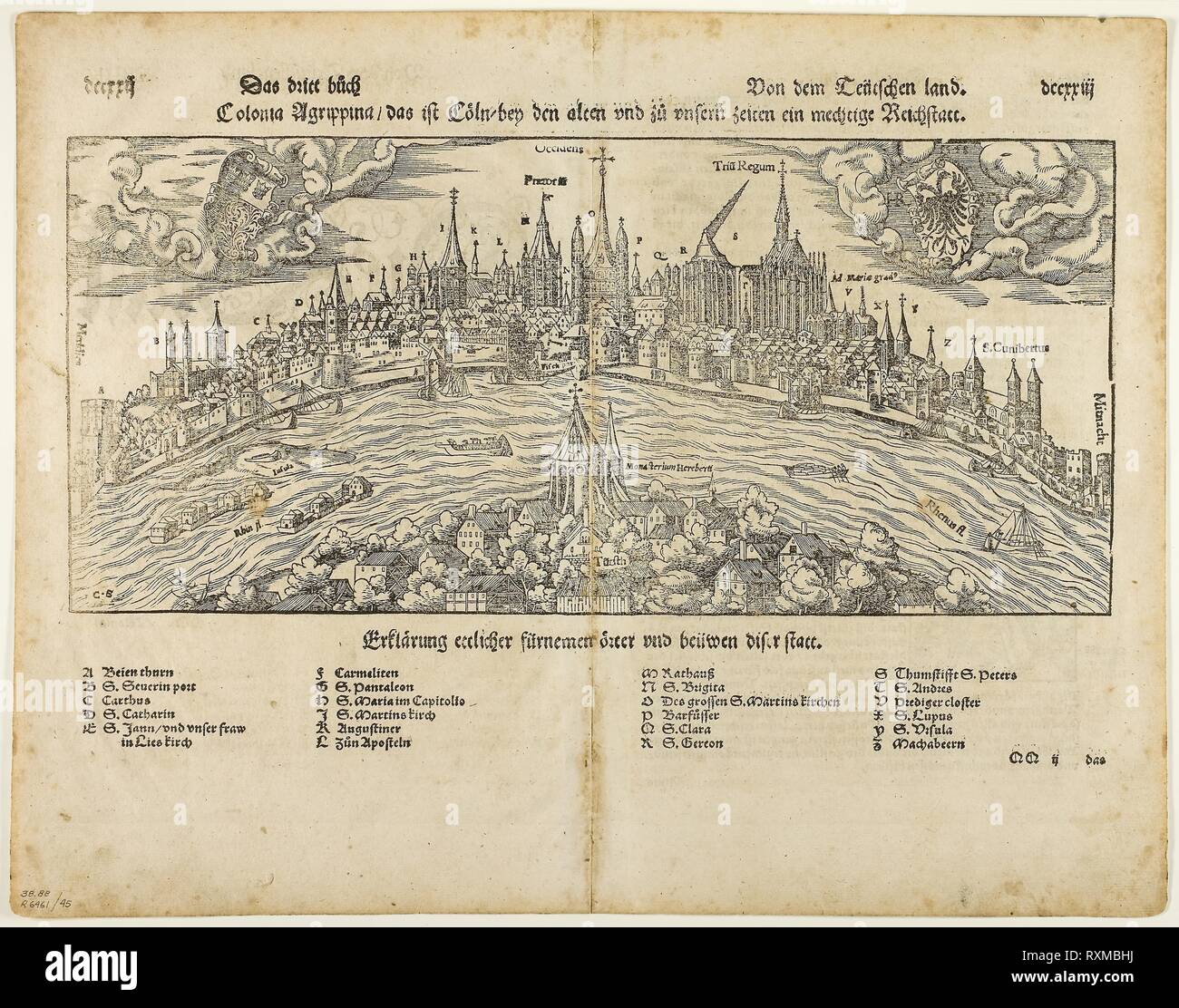 Vista di Colonia (recto) uomo appeso a un albero (verso), due ante DCCXXI-DCCXXIIII da Kosmographie da S. Münster, la piastra 45 da xilografie da libri del XVI secolo. Hans Rudolf Manuel Deutsch (Swiss, 1525-1572); assemblate da Max Geisberg (Swiss, 1875-1943). Data: 1564-1565. Dimensioni: 54 x 59 mm (immagine, recto); 169 x 255 mm (l'immagine/testo, recto); 318 x 124 mm (foglio piegato); 168 x 368 mm (immagine, il retro); 243 x 368 mm (l'immagine/testo, tergo); 319 x 409 mm (foglio, non piegate). Silografia su carta. Origine: Svizzera. Museo: Chicago Art Institute. Foto Stock