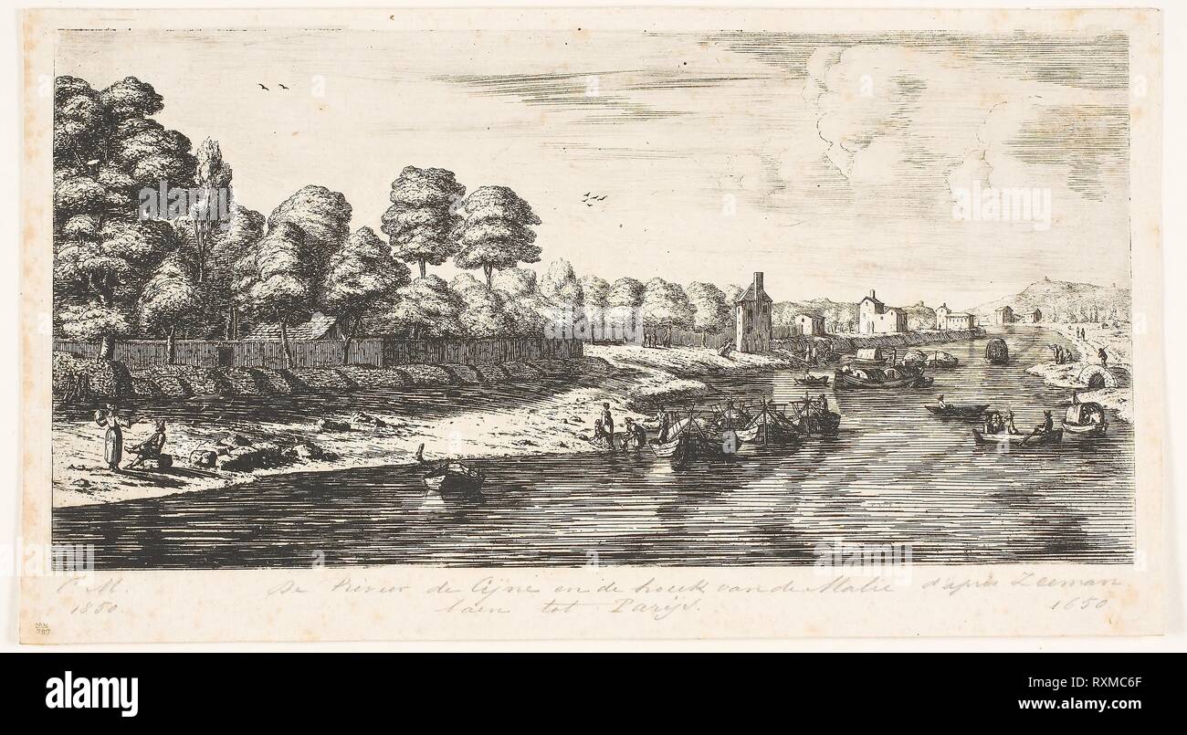 La Senna e l'angolo del Mall, a Parigi. Charles Meryon (Francese, 1821-1868); dopo Reinier Nooms (Olandese, c. 1623-c. 1668). Data: 1850. Dimensioni: 119 × 239 mm (nell'immagine); 135 × 245 mm (piastra); 140 × 252 mm (foglio). Attacco, incisione e roulette su avorio di cui card. Provenienza: Francia. Museo: Chicago Art Institute. Foto Stock