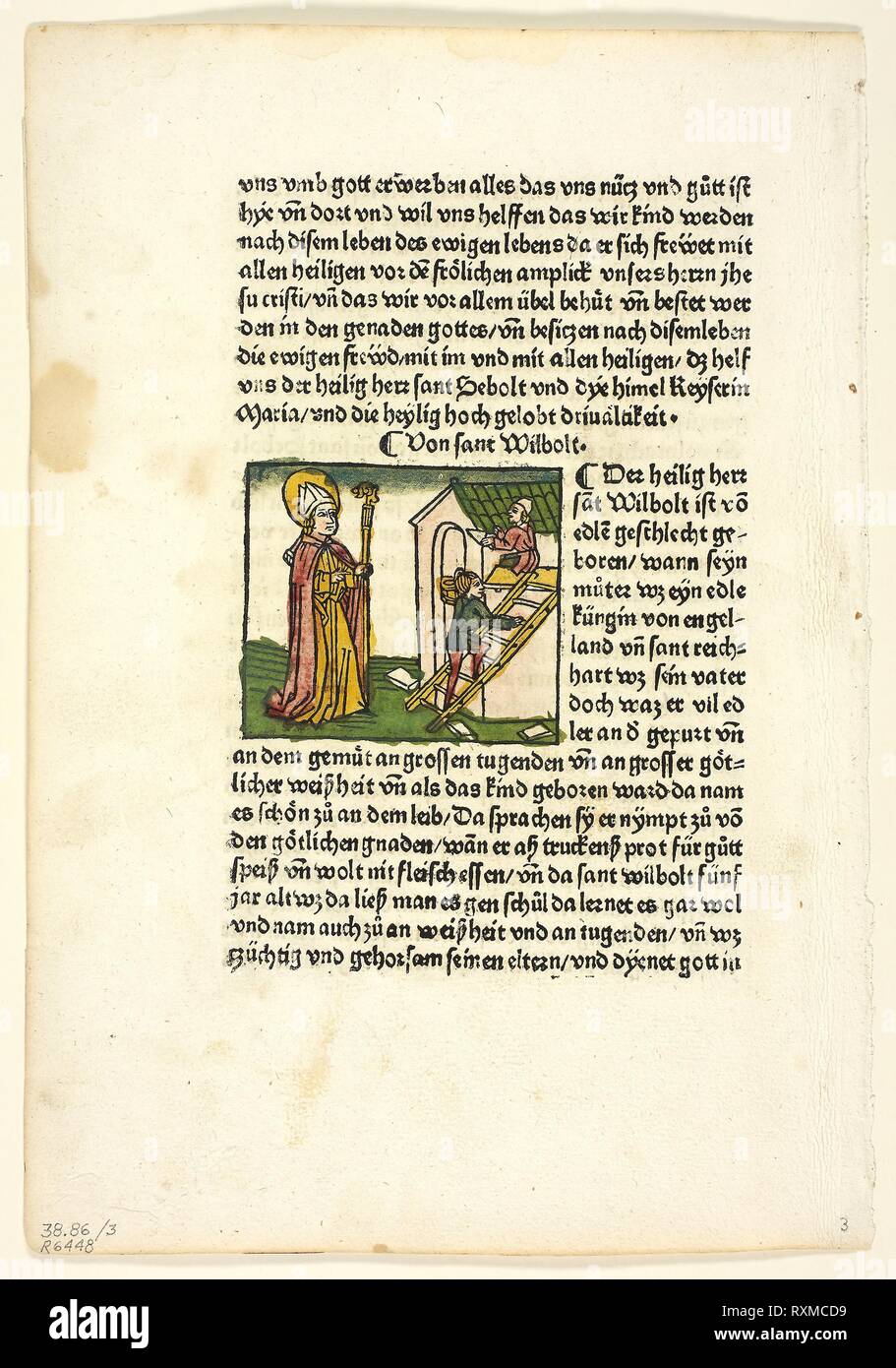 Saint Wilbolt da Heiligenleben, Winterteil (vite dei santi--l'inverno), piastra 3 da xilografie da libri del XV secolo. Artista sconosciuto (Augsburg, XV secolo); stampato e pubblicato da Johannes (Hans) Baemler (Tedesco, 1435-1504); testo originale da Jacobus de Voragine (Italiano, c. 1230-1298); testo del portafoglio da Wilhelm Ludwig Schreiber (Tedesco, 1855-1932). Data: 1475. Dimensioni: 70 x 80 mm (nell'immagine); 300 x 206 mm (foglio). Xilografia in nero con colorate a mano aggiunte e stampa tipografica in nero (recto e verso), la crema di cui carta, ribalta su crema carta intessuta mat. Origine: Germania. M Foto Stock