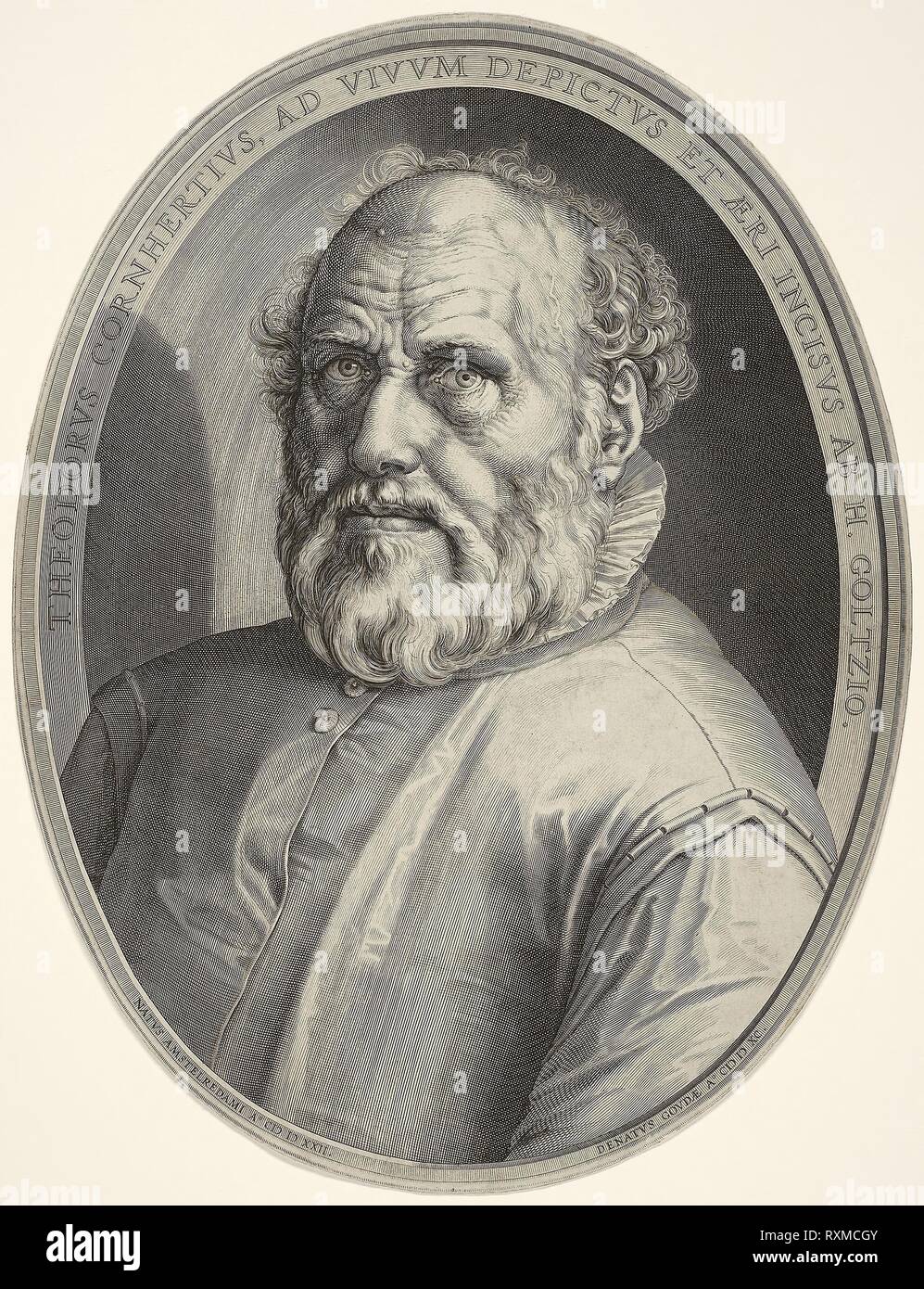 Dirck Volckertsz. Coornhert (1522-1590), autore, Segretario della città di Haarlem, printmaker, Goltzius maestra. Hendrick Goltzius; Olandese, 1558-1617. Data: 1591-1592. Dimensioni: 425 x 324 mm (rifilato entro platemark). Incisione in nero su avorio di cui la carta. Origine: Paesi Bassi. Museo: Chicago Art Institute. Foto Stock