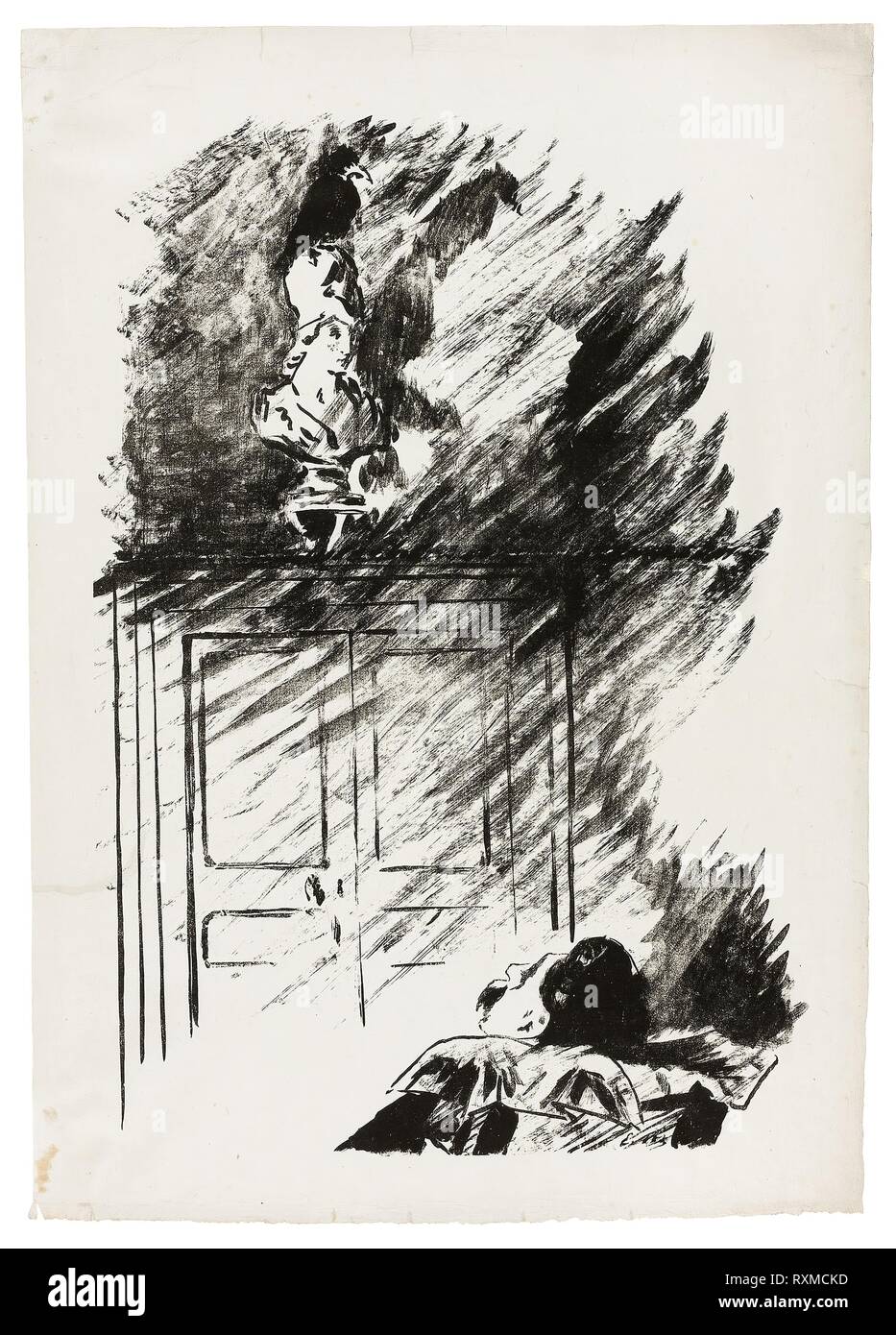 La Raven sul busto del Pallas ('appollaiato su un busto di Pallas..."), da Raven (Le Corbeau). Édouard Manet (Francese, 1832-1883); scritto da Edgar Allan Poe (American, 1809-1849); tradotto e prodotto da Stéphane Mallarmé (Francese, 1842-1898); stampato da Lefman et Cie. (francese del XIX secolo); pubblicato da Richard Lesclide (Francese, 1825-1892). Data: 1875. Dimensioni: 482 × 320 mm (nell'immagine); 551 × 394 mm (foglio). Litografia di trasferimento in nero su grigio Cina carta. Provenienza: Francia. Museo: Chicago Art Institute. Foto Stock