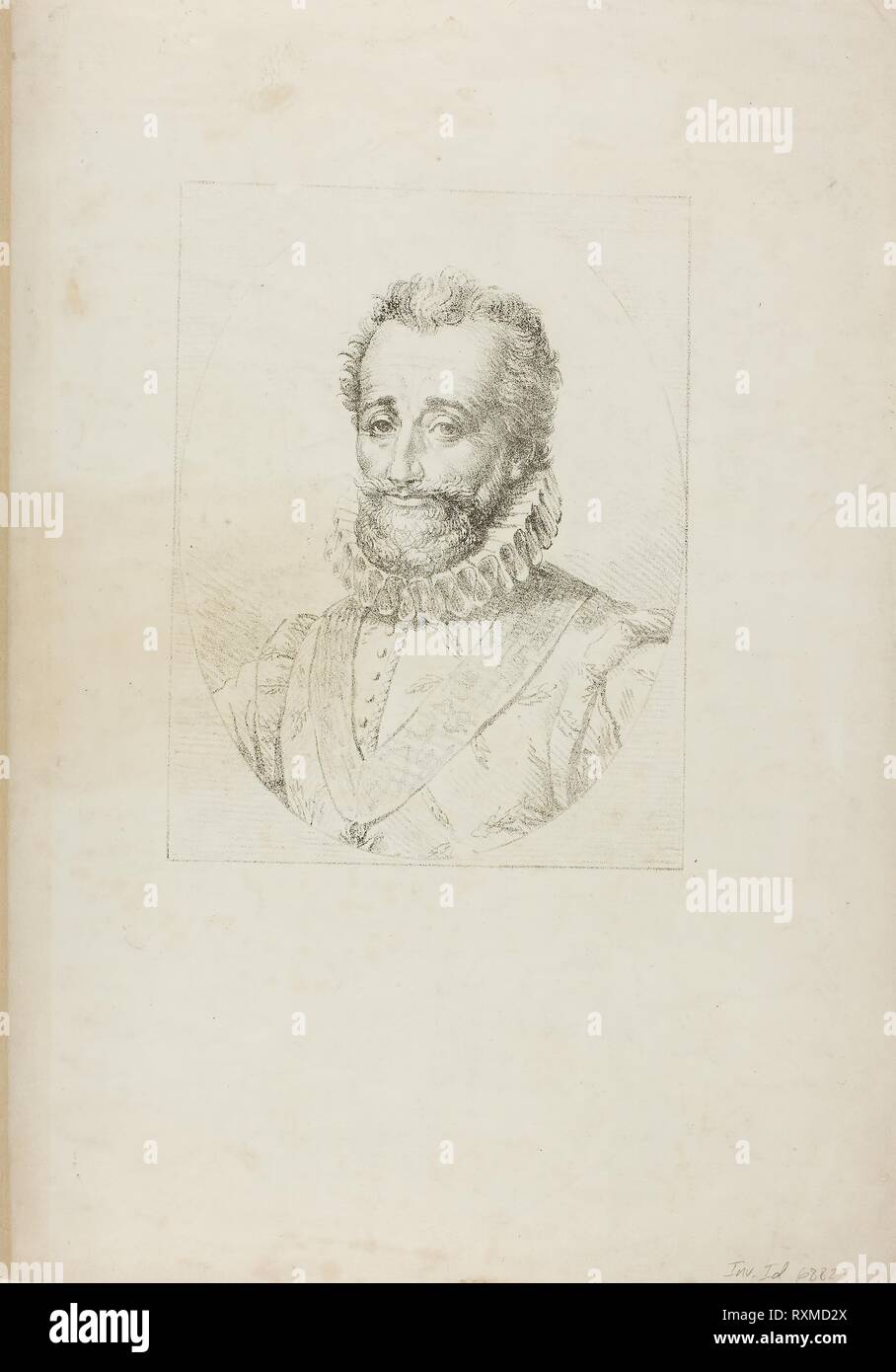 Ritratto di Enrico IV. Il barone François Pascal Simon Gérard (Francese, 1770-1837); stampato da Comte de Carlo Filiberto Lasteyrie du Saillant (Francese, 1759-1849); scritto da luigi Bacler D'Albe (Francese, 1761-1824). Data: 1817. Dimensioni: 188 × 143 mm (nell'immagine); 360 × 257 mm (foglio). Litografia in nero su carta velina avorio carta. Provenienza: Francia. Museo: Chicago Art Institute. Autore: BARONE Francois Pascal Simon Gerard. Foto Stock