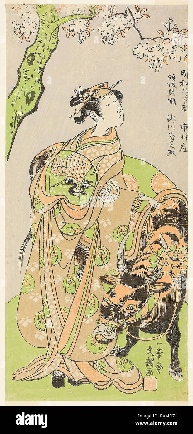 L'attore Segawa Kikunojo II come la Cortigiana Maizuru nel gioco Furisode Kisaragi Soga (Soga del lungo appesi a maniche nel secondo mese), effettuata presso il Teatro Ichimura a partire dal ventesimo giorno del secondo mese, 1772. Ippitsusai Buncho; Giapponese, attivo c. 1755-90. Data: 1767-1777. Dimensioni: 30,2 x 13,8 cm (11 7/8 x 5 7/16 in.). Colore stampa woodblock; hosoban. Provenienza: Giappone. Museo: Chicago Art Institute. Foto Stock