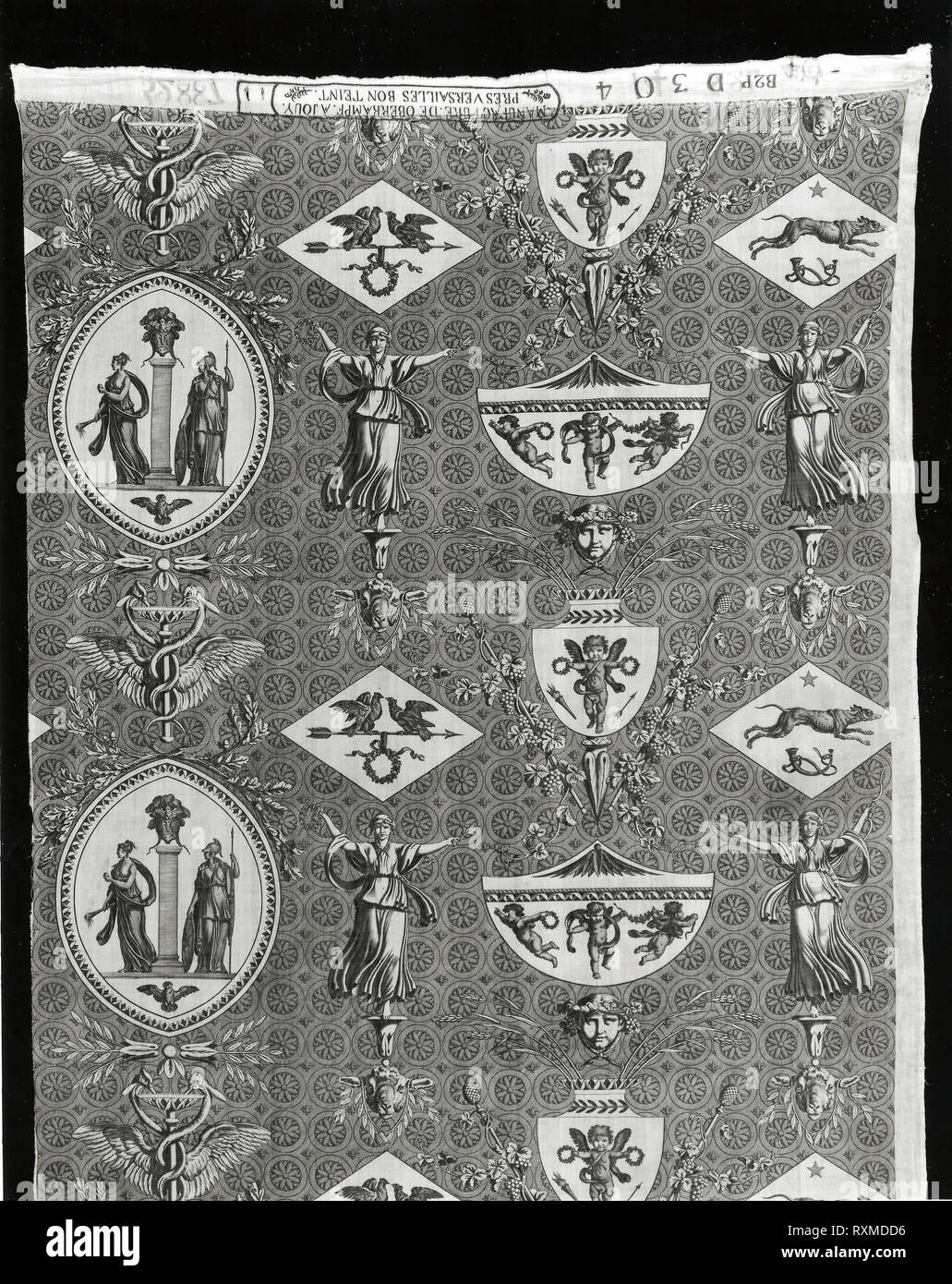Venere e Minerva (Tessuti per Arredamento). Progettato da Jean Baptiste Huet (Francese, 1745-1811); fabbricato dalla manifattura Oberkampf (Francese, 1738-1815); Francia, Jouy-en-Josas. Data: 1805-1814. Dimensioni: 230.7 × 98 cm (90 7/8 × 38 5/8 in.) ordito ripetere: 52,4 cm (20 5/8 in.). Cotone, ad armatura a tela; rullo inciso stampato. Provenienza: Francia. Museo: Chicago Art Institute. Foto Stock