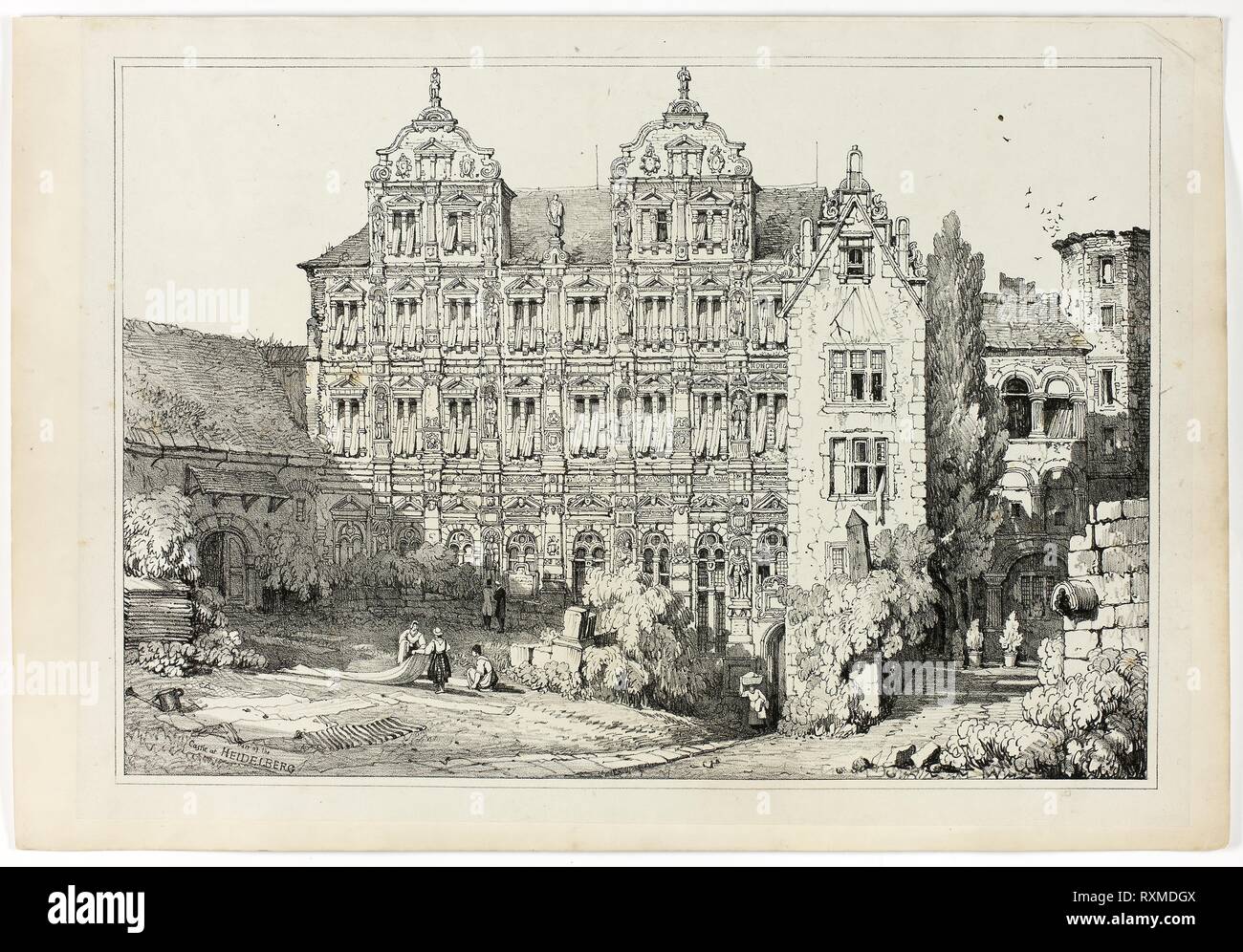 Parte del castello di Heidelberg. Samuel Prout (Inglese, 1783-1852); probabilmente stampati da Charles Joseph Hullmandel (Inglese, 1789-1850); probabilmente pubblicato da Rudolph Ackermann (Inglese, 1764-1834). Data: 1833. Dimensioni: 290 × 425 mm (nell'immagine); 310 × 445 mm (supporto primario); 345 × 500 mm (supporto secondario). Litografia in nero su grigio-chine avorio, stabilite su avorio carta intessuta. Origine: Inghilterra. Museo: Chicago Art Institute. Foto Stock