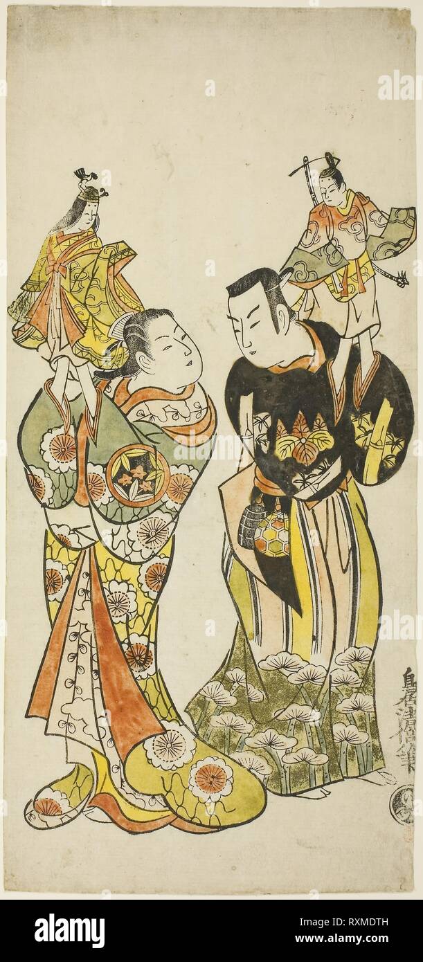 Gli attori Yamashita Kinsaku I e Hayakawa Hatsuse come burattinai nel gioco 'Diario mantenuta su un viaggio via mare da Izu' ('Funadama Izu Nikki'), effettuata presso il Teatro Nakamura nel primo mese, 1725. Torii Kiyomasu II; Giapponese, 1706 (?)-1763 (?). Data: 1725. Dimensioni: 34,1 x 15,5 cm (13 7/16 x 6 3/16). Colorate a mano woodblock stampa; hosoban, urushi-e. Provenienza: Giappone. Museo: Chicago Art Institute. Foto Stock
