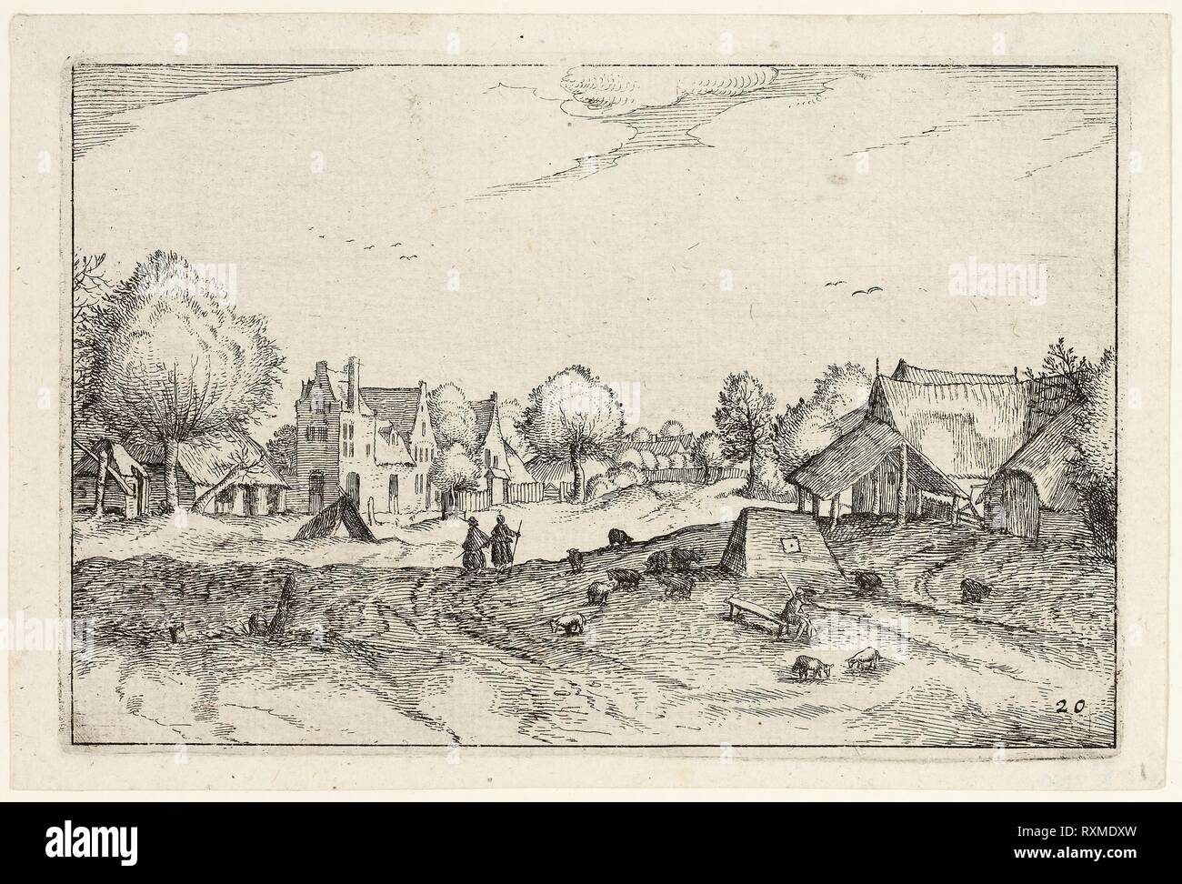 Village Road, piastra di venti dopo le foto delle aziende agricole, Casali e rustici borghi (villarum Praediorum et rusticarum casularum icones). Claes Jansz. Visscher (Olandese, 1587-1652); dopo sconosciuto artista fiammingo, identificato erroneamente come Pieter Bruegel il vecchio (fiammingo, 1525/30-1569). Data: 1612. Dimensioni: 111 x 150 mm (nell'immagine); 104 x 158 mm (piastra); 115 x 171 mm (foglio). Attacco in nero su avorio di cui la carta. Origine: Paesi Bassi. Museo: Chicago Art Institute. Autore: II Claes Jansz. Visscher. Foto Stock