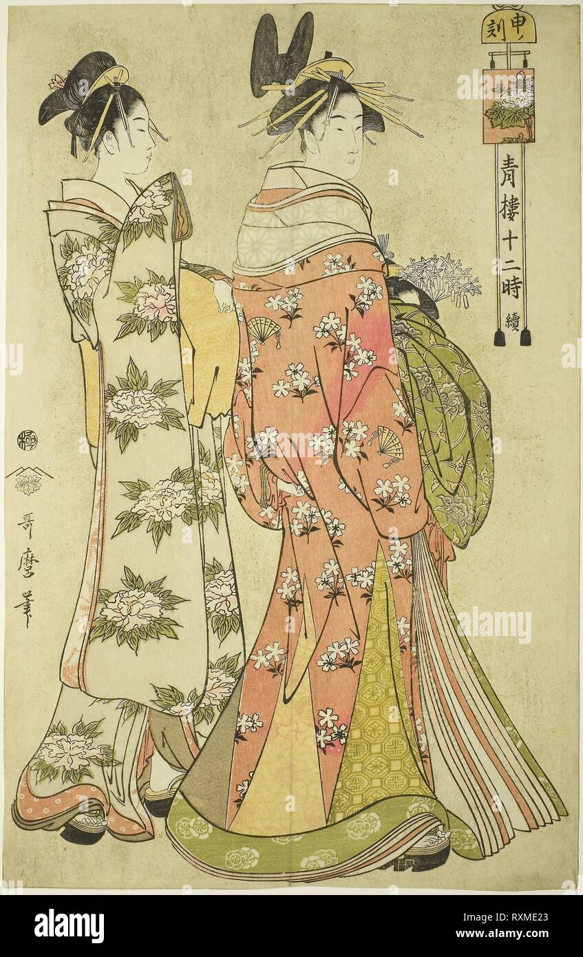 Ora della scimmia [4pm] (Saru no koku), dalla serie "le dodici ore di Yoshiwara' ('Seiro juni toki tsuzuki'). Kitagawa Utamaro ??? ??; Giapponese, 1753 (?)-1806. Data: 1789-1799. Dimensioni: 37,3 x 24,4 cm. Colore stampa woodblock; oban. Provenienza: Giappone. Museo: Chicago Art Institute. Foto Stock