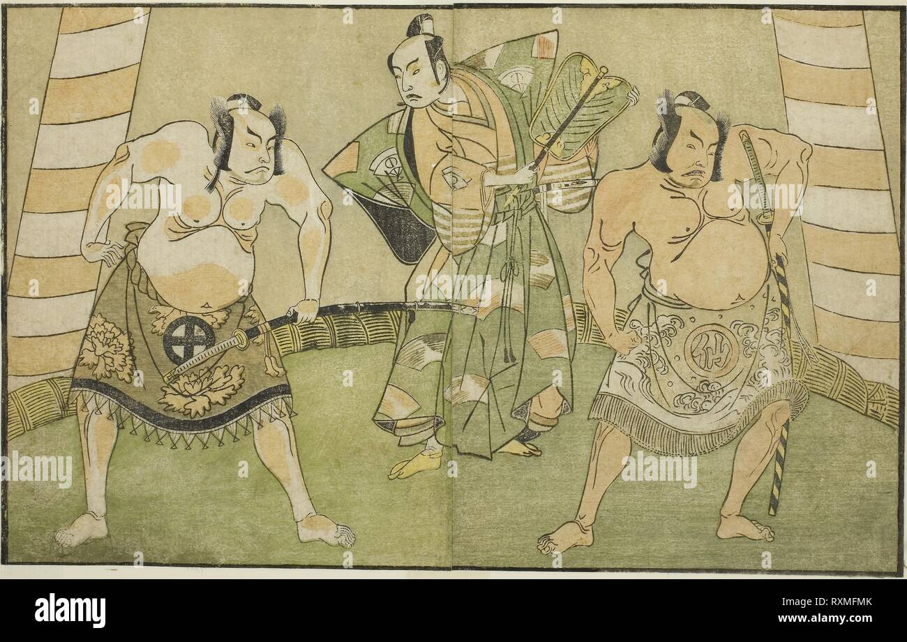 Gli attori Nakamura Sukegoro II come Matano no Goro (a destra), Onoe Kikugoro I come Soga no Taro (centro), e Otani Hiroji III come Kawazu no Saburo (sinistra), nel gioco Myoto-giku Izu no Kisewata, eseguita presso il Teatro Ichimura nell'undicesimo mese, 1770. Katsukawa Shunsho ?? ??; Giapponese, 1726-1792. Data: 1767-1777. Dimensioni: 17,5 x 27,8 cm (6 7/8 x 10 15/16 in.). Colore stampa woodblock; dal libro illustrato Yakusha Kuni no hana (attori di spicco del Giappone). Provenienza: Giappone. Museo: Chicago Art Institute. Foto Stock