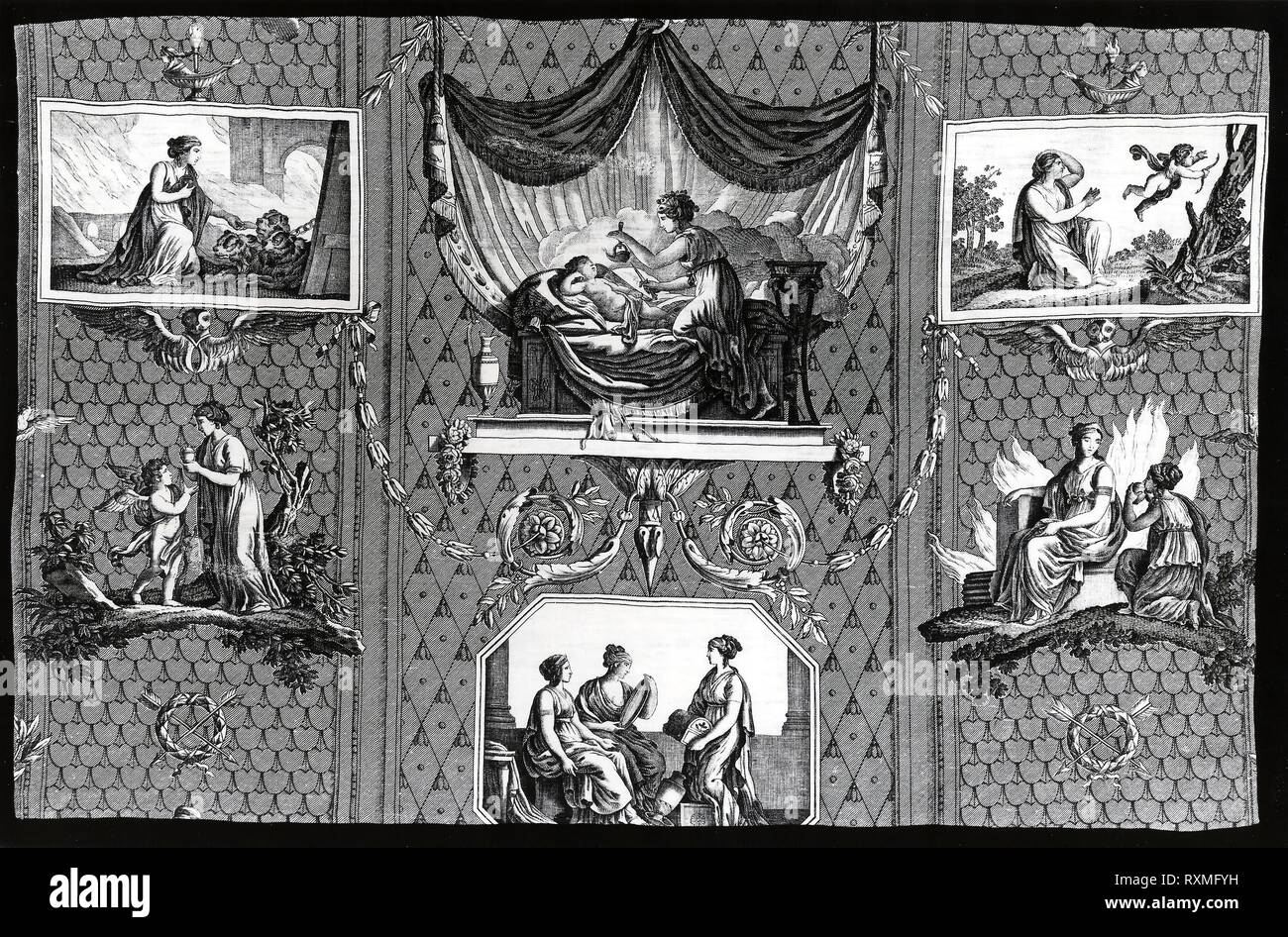 L'Amour et Psiche (Amore e Psiche) (tessuti per arredamento). Progettato da Jean Baptiste Huet (Francese, 1745-1811); fabbricato da Christophe Philippe Oberkampf (Francese, 1738-1815); Francia, Jouy-en-Josas. Data: 1810-1812. Dimensioni: 41,2 × 65 cm (16 1/4 × 25 1/2 in.). Cotone, ad armatura a tela; rullo inciso stampato. Provenienza: Francia. Museo: Chicago Art Institute. Foto Stock