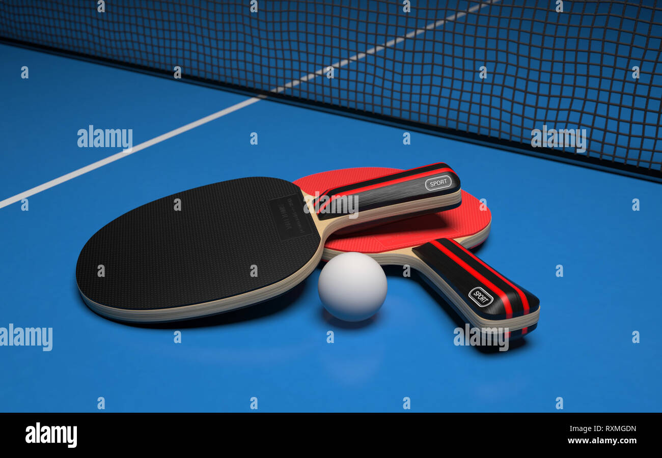 Ping Pong Set Due Racchette Con Sfera Su Un Blu Tavolo Da