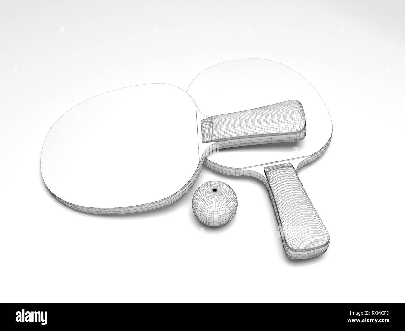 Tabella racchette da tennis e la sfera. Modello 3d design a griglia Foto Stock