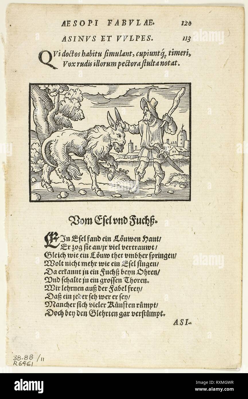 Schöne Figuren vor alle Fabeln Esopi (Esopo favole), piastra di undici da xilografie da libri del XVI secolo. Virgilio Solis, il sambuco (Tedesco, 1514-1562); assemblate da Max Geisberg (Swiss, 1875-1943). Data: 1566. Dimensioni: 49 mm x 67 mm (nell'immagine); 126 × 67 mm (l'immagine/te×t); 150 × 99 mm (foglio). Silografia su carta. Origine: Germania. Museo: Chicago Art Institute. Autore: Il Sambuco Virgilius Solis. Foto Stock