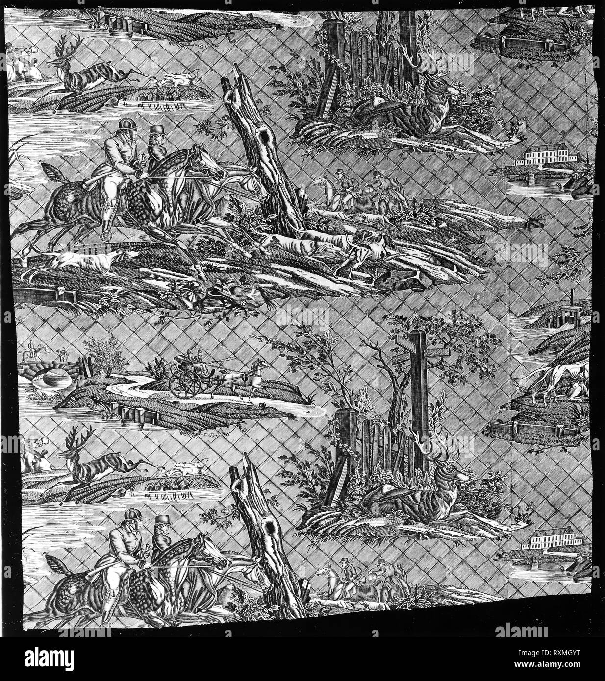 La Route de Jouy (la strada per Jouy) (tessuti per arredamento). Progettato da Orazio Vernet (Francese, 1789-1863); fabbricato dalla manifattura Oberkampf (Francese, 1738-1815); Francia, Jouy-en-Josas. Data: 1815-1835. Dimensioni: 75,1 × 71 cm (29 1/2 × 28 in.). Cotone, ad armatura a tela; calcografia stampato. Provenienza: Francia. Museo: Chicago Art Institute. Foto Stock
