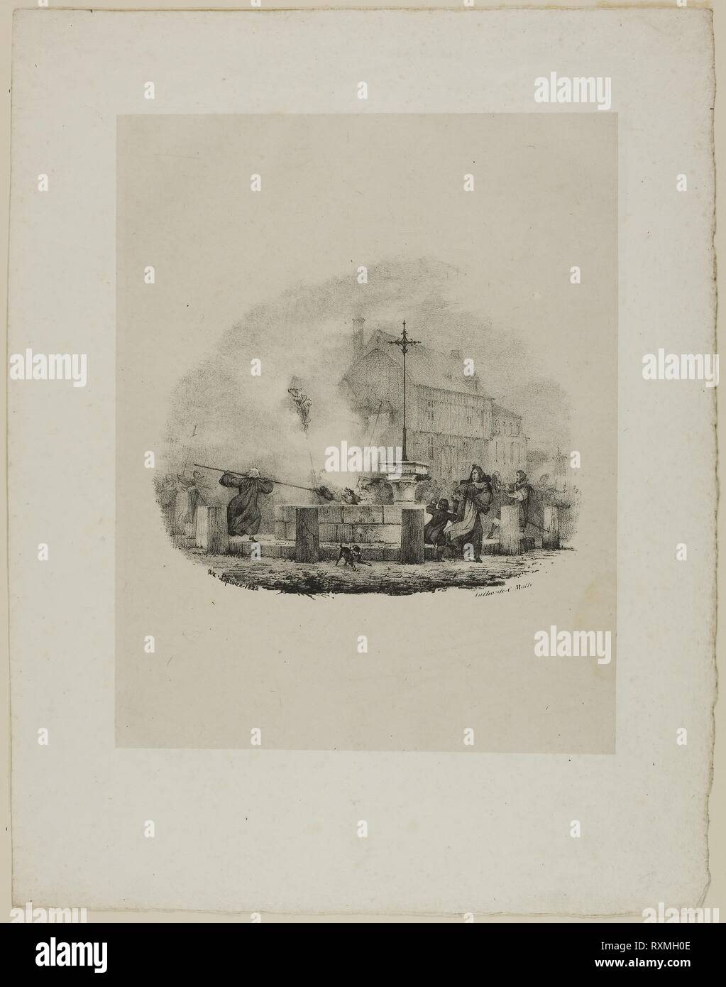 Unknown drammatica scena. Charles Étienne Pierre Motte (Francese, 1785-1836); dopo Auguste Xavier Le Prince (Francese, 1799-1826). Data: 1822. Dimensioni: 133 × 166 mm (nell'immagine); 247 × 193 mm (supporto primario); 348 × 274 mm (supporto secondario). Litografia in nero su carta velina grigia lombata, stabilite su avorio carta intessuta. Provenienza: Francia. Museo: Chicago Art Institute. Foto Stock