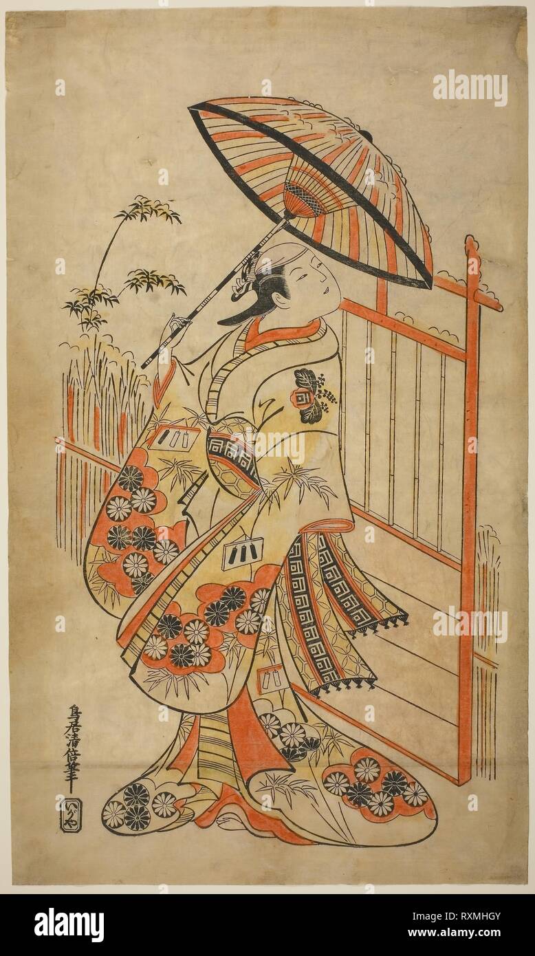 L'attore Sanogawa Mangiku I come Sanada, figlia del filatore Itoya, nel gioco "Hiragana Yomeiri Izu Nikki,' eseguita presso il Teatro Nakamura nell'undicesimo mese, 1718. Torii Kiyomasu II; Giapponese, 1706 (?)-1763 (?). Data: 1713-1723. Dimensioni: 54,9 x 32,6 cm. Colorate a mano woodblock stampa; o-oban, tan-e. Provenienza: Giappone. Museo: Chicago Art Institute. Foto Stock