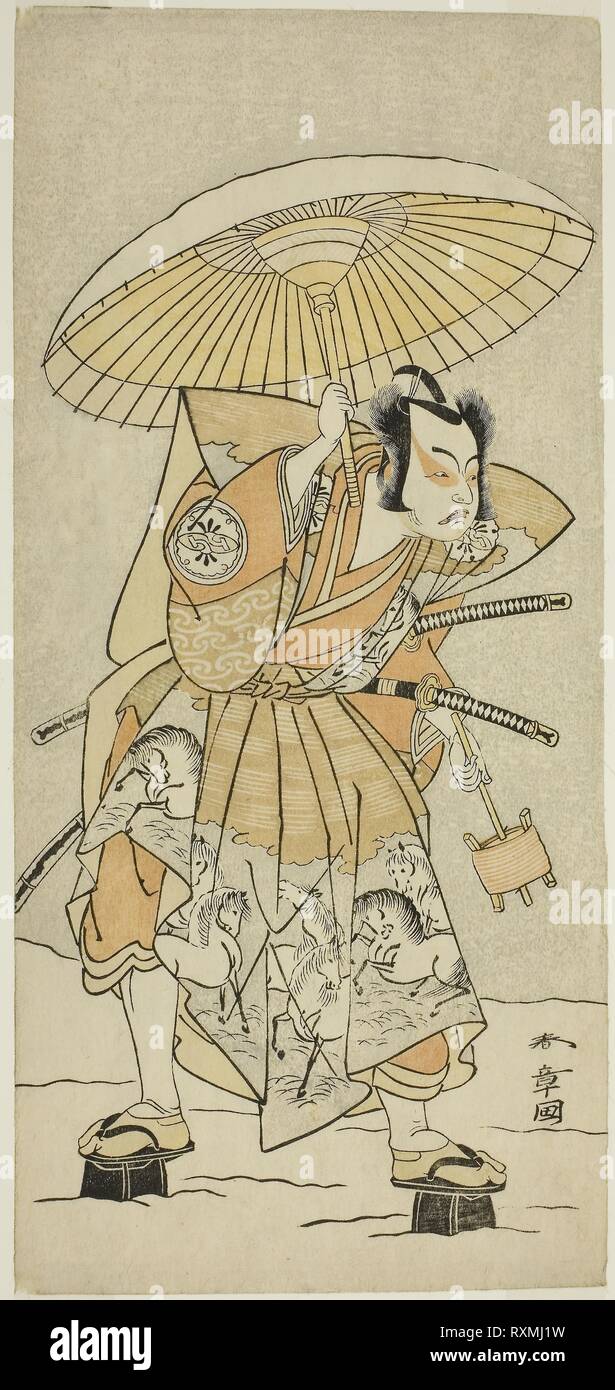 L'attore Nakamura Juzo II come Genta Kajiwara Kagetoki nel gioco Izu-goyomi Shibai no Ganjitsu, eseguita presso il Teatro Morita nell'undicesimo mese, 1772. Katsukawa Shunsho ?? ??; Giapponese, 1726-1792. Data: 1767-1777. Dimensioni: 31,2 x 14,4 cm (12 1/4 x 5 5/8 in.). Colore stampa woodblock; hosoban; lamiera sinistra di una composizione multisheet (?). Provenienza: Giappone. Museo: Chicago Art Institute. Foto Stock