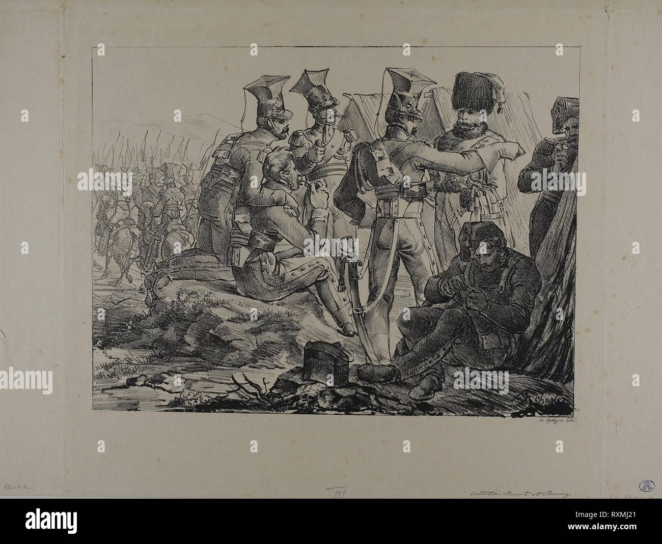 Lancieri sul bivacco. Nicolas Toussaint Charlet; francese, 1792-1845. Data: 1818. Dimensioni: 295 × 384 mm (nell'immagine); 419 × 531 mm (foglio). Litografia in nero su carta velina avorio carta. Provenienza: Francia. Museo: Chicago Art Institute. Foto Stock