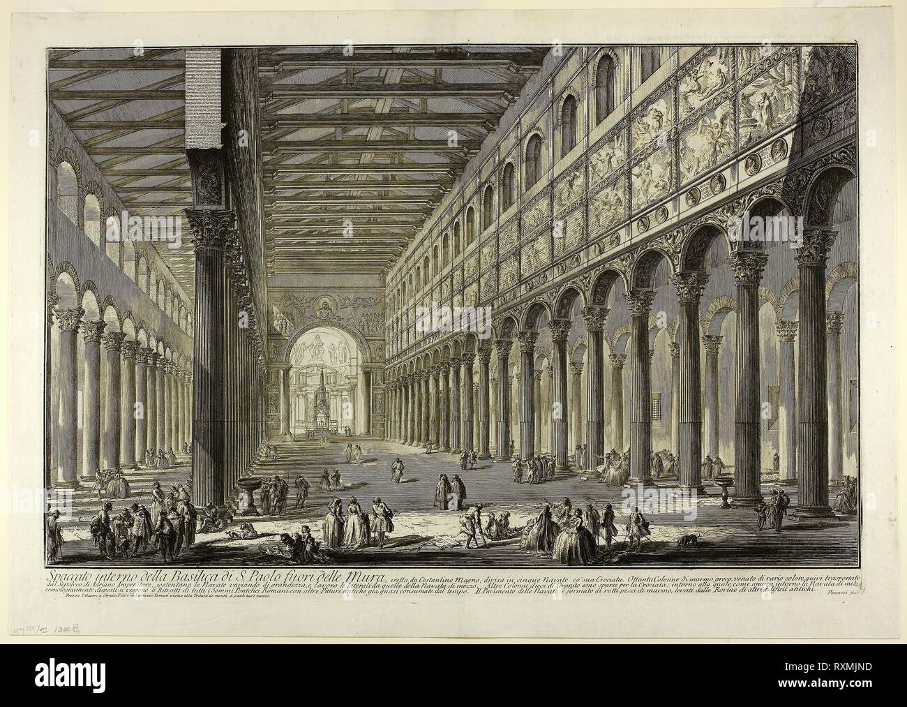 In spaccato dell'interno della Basilica di San Paolo fuori delle mura [San Paolo fuori le Mura], da vedute di Roma. Giovanni Battista Piranesi; Italiano, 1720-1778. Data: 1749. Dimensioni: 392 x 609 mm (nell'immagine); 415 x 613 mm (piastra); 470 x 662 mm (foglio). Incisione su avorio pesanti di cui la carta. Origine: Italia. Museo: Chicago Art Institute. Foto Stock