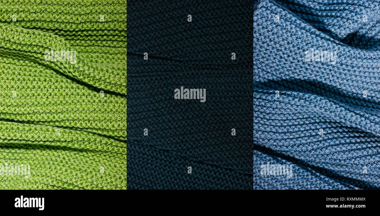 Texture a maglia: blu, nero e verde sciarpe closeup. Foto Stock