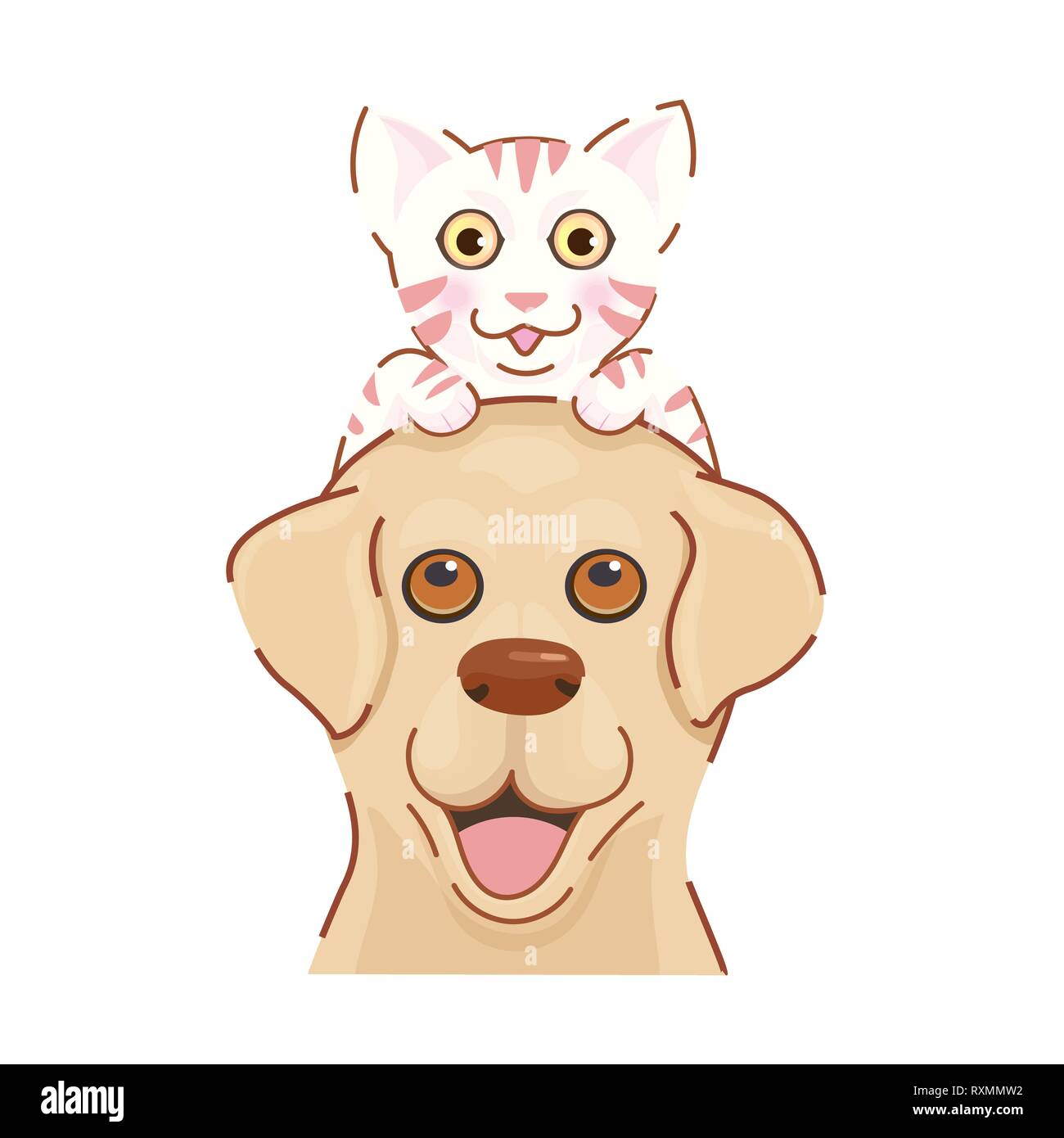 Adorabili labrador retriever cane trasportare carino gattino sulla testa. Incantevole animale amicizia, amore al di là di spezie. cliniche veterinarie e ricoveri animali homel Illustrazione Vettoriale