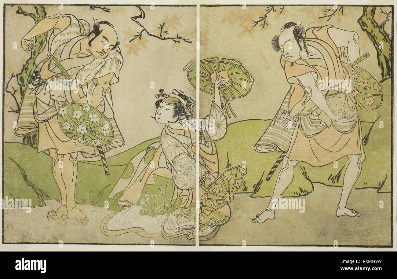 Gli attori Ichikawa Somegoro (a destra), Segawa Kikunojo II (centro), e Bando Sampachi (sinistra), in ruoli non identificato nel gioco Myoto-giku Izu no Kisewata, eseguita presso il Teatro Ichimura nell'undicesimo mese, 1770. Katsukawa Shunsho ?? ??; Giapponese, 1726-1792. Data: 1767-1777. Dimensioni: 17,4 x 27,8 cm (6 7/8 x 10 15/16 in.). Colore stampa woodblock; dal libro illustrato Yakusha Kuni no hana (attori di spicco del Giappone). Provenienza: Giappone. Museo: Chicago Art Institute. Foto Stock