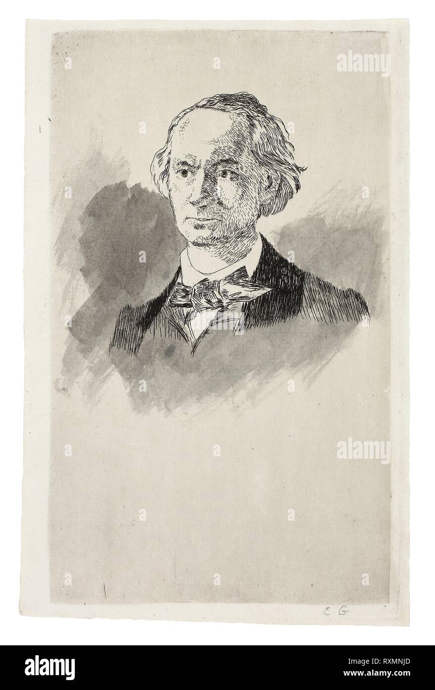 Charles Baudelaire, Full Face III. Édouard Manet (Francese, 1832-1883); dopo Nadar Gaspard Félix Tournachon (Francese, 1820-1910). Data: 1868. Dimensioni: 166 × 98 mm (nell'immagine); 170 × 103 mm (piastra); 172 × 114 mm (foglio). L'attacco e la piastra in tono nero intensificato con pennello e lavaggio grigio su avorio di cui la carta. Provenienza: Francia. Museo: Chicago Art Institute. Foto Stock