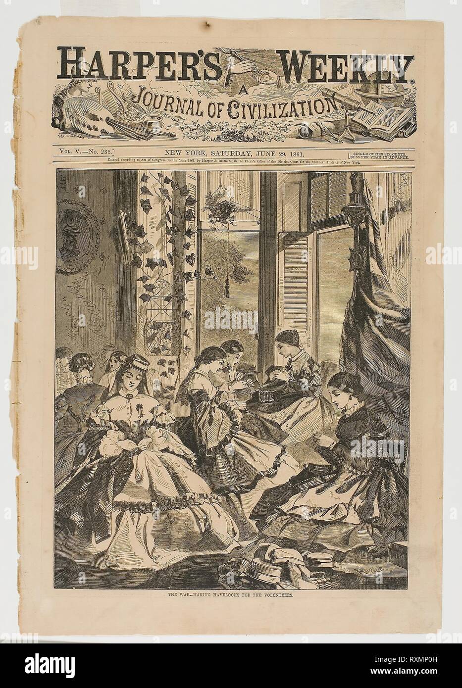 La guerra--making Havelocks per i volontari. Winslow Homer (American, 1836-1910); pubblicato da Harper's settimanale (American, 1857-1916). Data: 1861. Dimensioni: 275 x 233 mm (nell'immagine); 400 x 280 mm (foglio). Incisione su legno su carta. Origine: Stati Uniti. Museo: Chicago Art Institute. Foto Stock