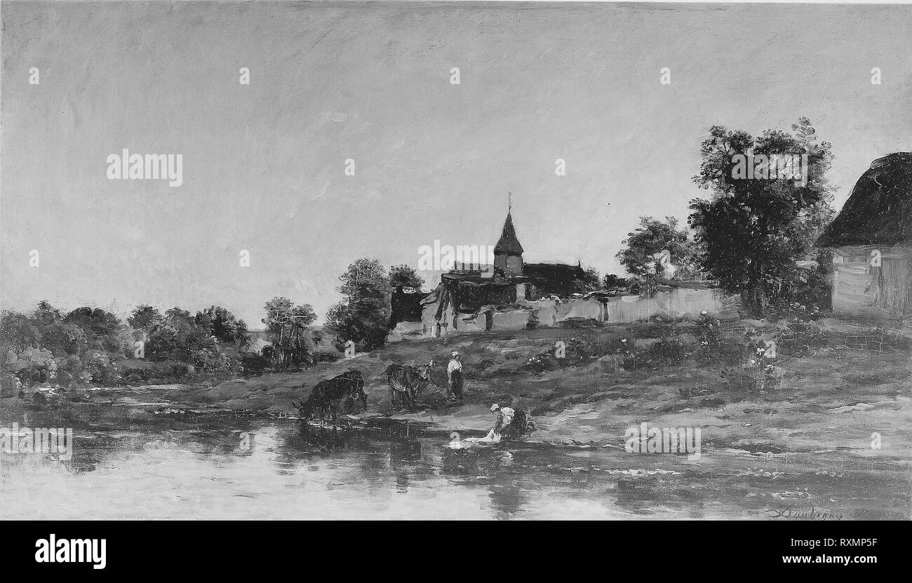 Sulle rive della Senna a Portejoie. Charles François Daubigny; francese, 1817-1878. Data: 1860-1870. Dimensioni: 38,1 × 67 cm (15 × 26 3/8 in.). Olio su pannello. Provenienza: Francia. Museo: Chicago Art Institute. Autore: Charles Francois Daubigny. Foto Stock