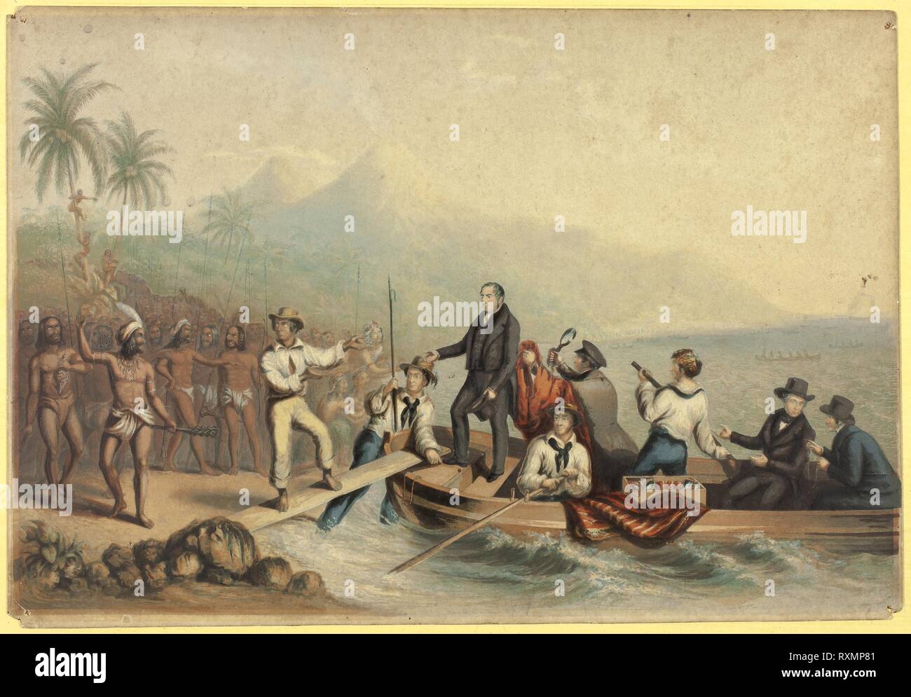 La reception del Rev. J. Williams, a Tanna nei mari del sud, il giorno prima che lui è stato massacrato. George Baxter; Inglese, 1804-1867. Data: 1841. Dimensioni: 221 × 325 mm (nell'immagine); 228 × 328 mm (supporto primario). Incisione in acciaio colorato con blocchi di legno su tan carta intessuta, previste sulla scheda di crema. Origine: Inghilterra. Museo: Chicago Art Institute. Foto Stock