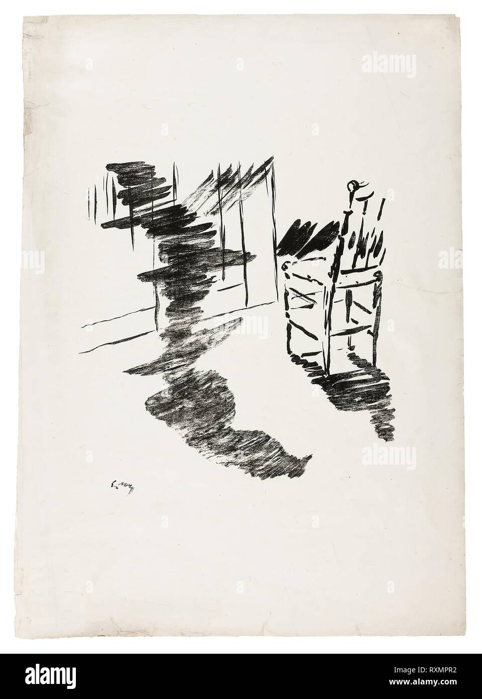 La sedia ("Che ombra che giace galleggiante sul pavimento..."), da Raven (Le Corbeau). Édouard Manet (Francese, 1832-1883); scritto da Edgar Allan Poe (American, 1809-1849); tradotto e prodotto da Stéphane Mallarmé (Francese, 1842-1898); stampato da Lefman et Cie. (francese del XIX secolo); pubblicato da Richard Lesclide (Francese, 1825-1892). Data: 1875. Dimensioni: 299 × 279 mm (nell'immagine); 549 × 390 mm (foglio). Litografia di trasferimento in nero su grigio Cina carta. Provenienza: Francia. Museo: Chicago Art Institute. Foto Stock