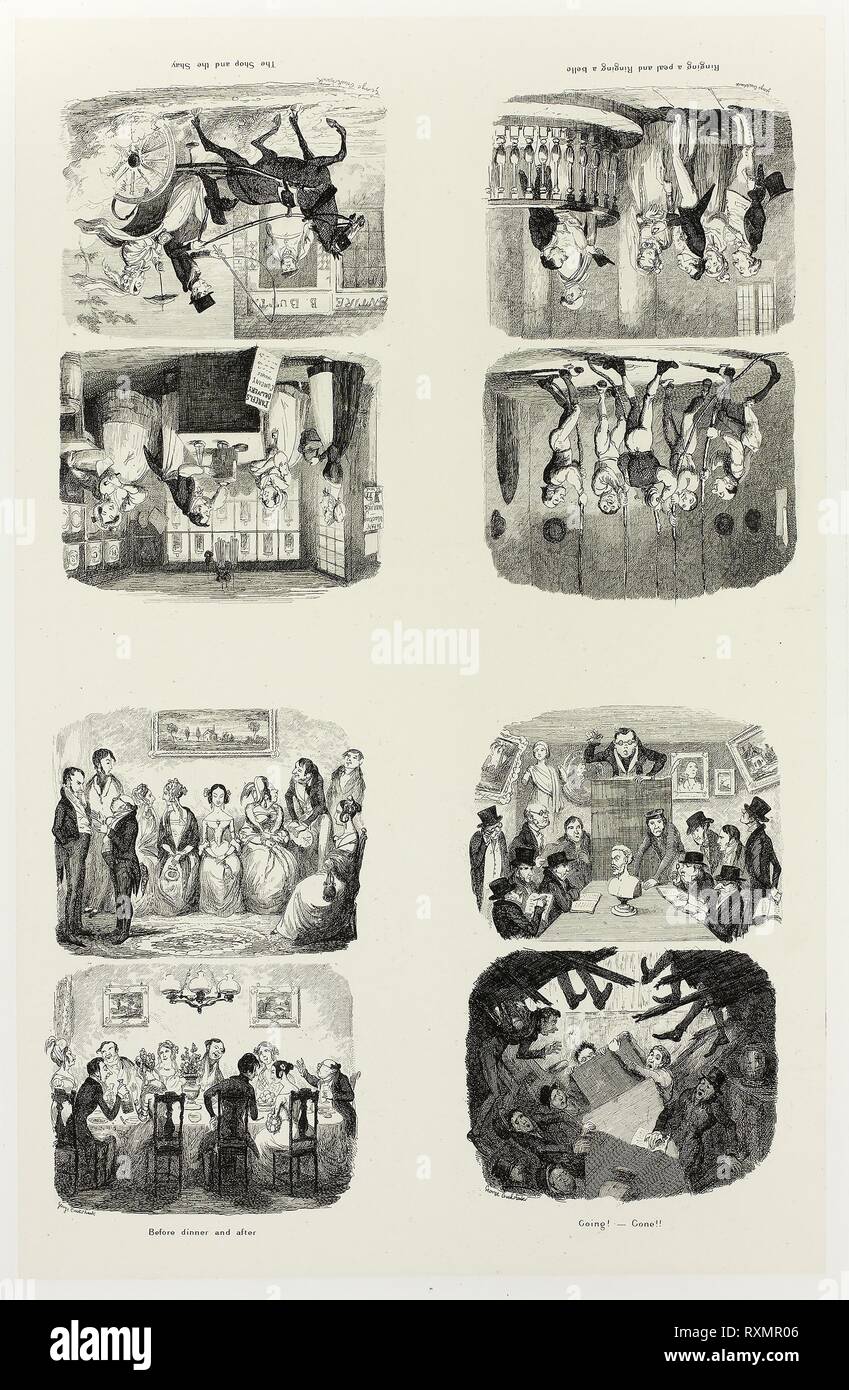 Il negozio e il Shay da George Cruikshank di incisioni in acciaio per il fumetto Almanacks: 1835-1853 (in alto a sinistra). George Cruikshank (Inglese, 1792-1878); pubblicato da Pickering &AMP; Chatto (Inglese del XIX secolo). Data: 1842. Dimensioni: 332 × 212 mm (supporto primario); 505 × 341 mm (supporto secondario). Quattro incisioni in acciaio nero in crema carta india, stabilite su off-white card (chine collé). Origine: Inghilterra. Museo: Chicago Art Institute. Foto Stock