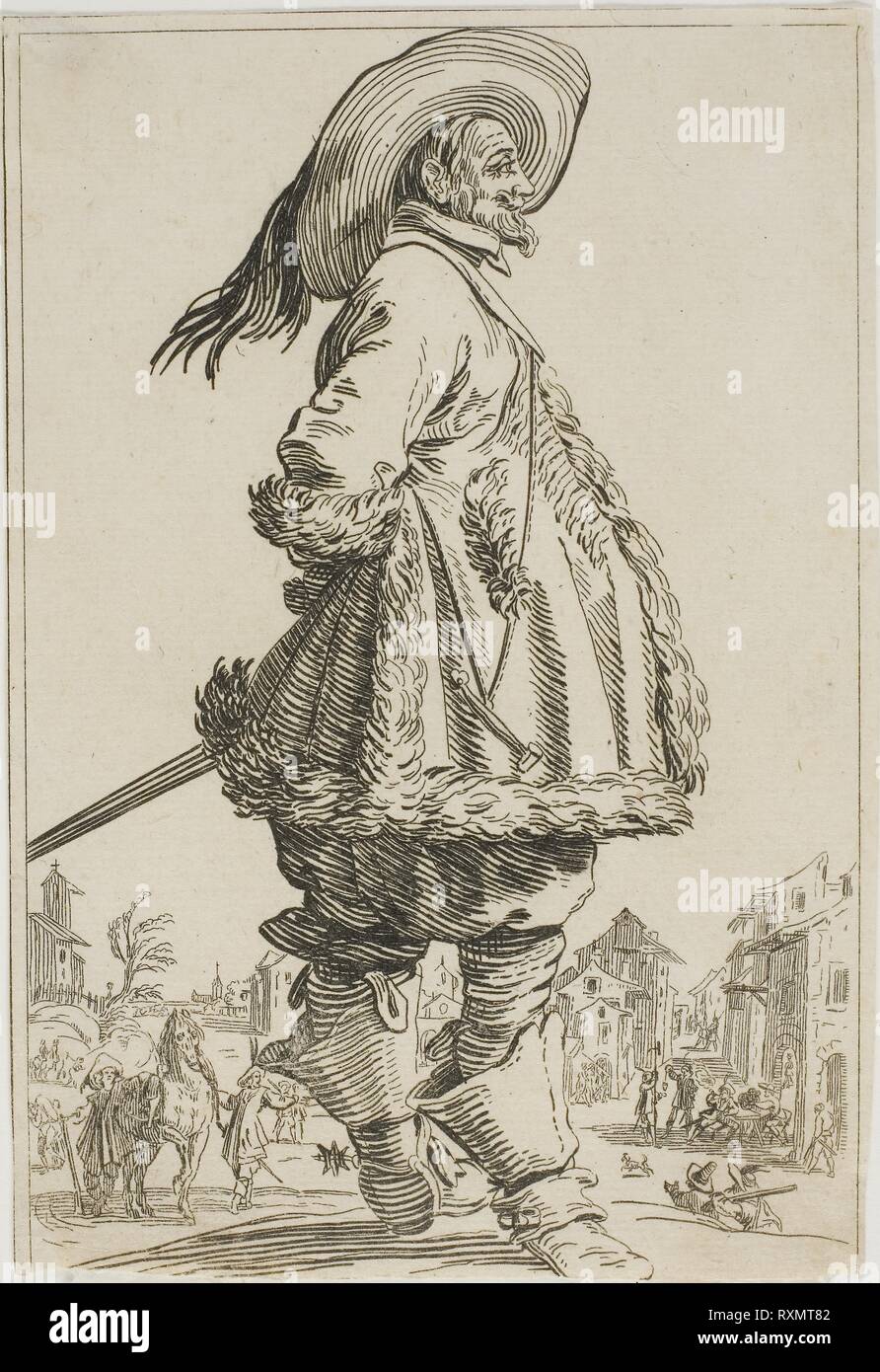 Il Gentiluomo nel mantello Fur-Trimmed con le mani dietro la schiena, dalla serie la nobiltà di Lorena. Jacques Callot; francese, 1592-1635. Data: 1620-1623. Dimensioni: 140 × 96 mm (foglio, tagliato dentro la piastra mark). Acquaforte su carta. Provenienza: Francia. Museo: Chicago Art Institute. Foto Stock