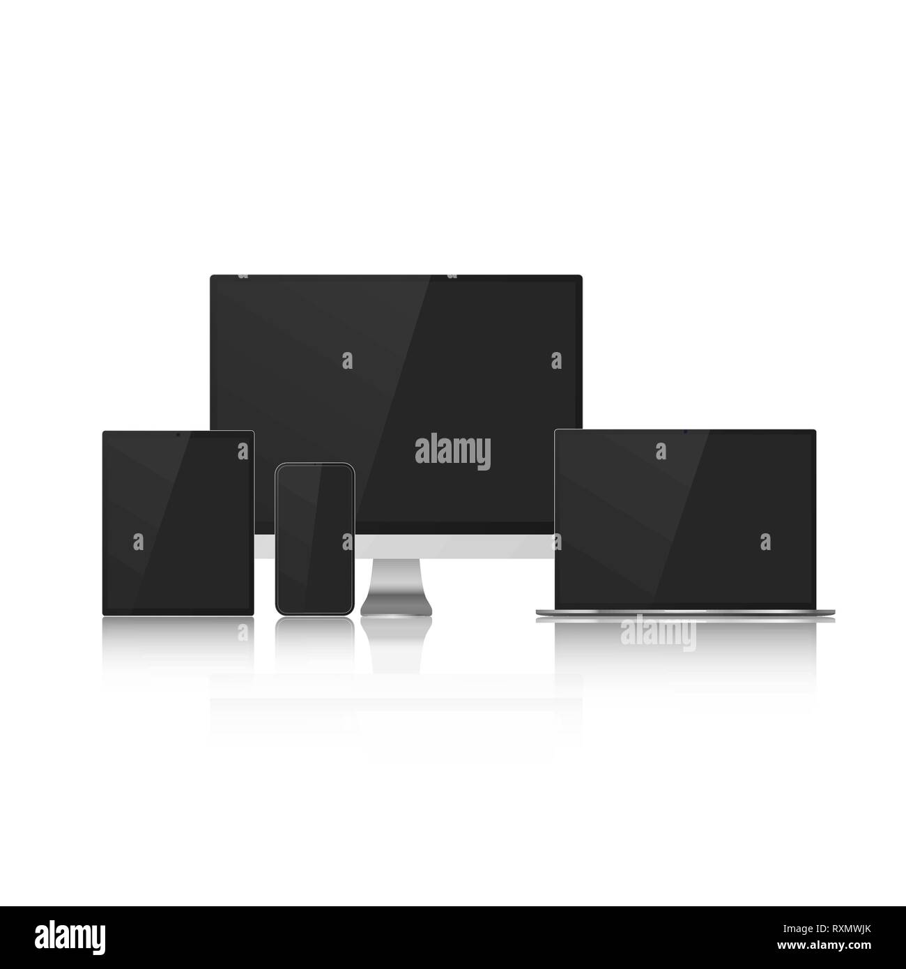 Impostare il dispositivo di simulazione con schermi neri per il design. Calcolatore realistico, laptop, tablet e smartphone. Illustrazione di vettore isolato su bianco Bac Illustrazione Vettoriale