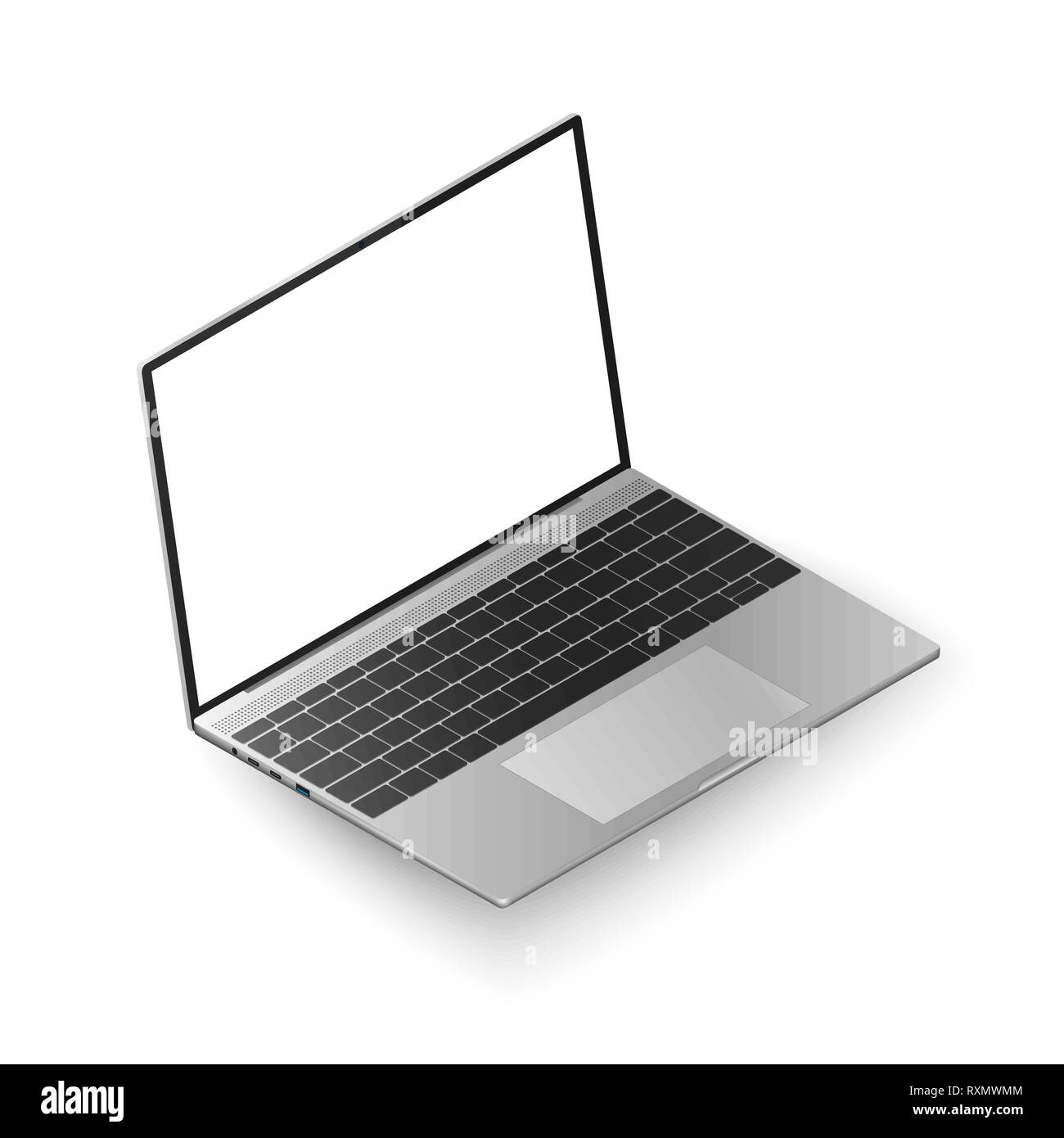 Laptop vista isometrica. Realistico portatile con display bianco per i tuoi dati. Illustrazione di vettore isolato su sfondo bianco Illustrazione Vettoriale