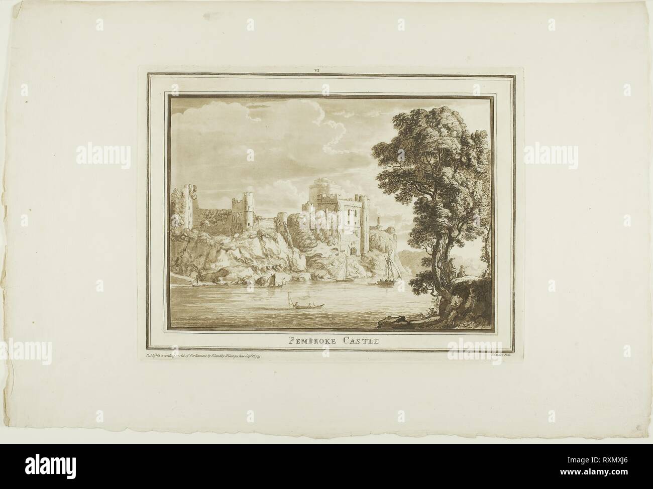 Pembroke Castle, da dodici viste in Aquatinta da disegni presi in loco nel Galles del Sud. Paul Sandby; Inglese, 1731-1809. Data: 1773-1775. Dimensioni: 186 × 260 mm (nell'immagine); 239 × 314 mm (piastra); 353 × 525 mm (foglio). Incisione e acquatinta su avorio di cui la carta. Origine: Inghilterra. Museo: Chicago Art Institute. Foto Stock