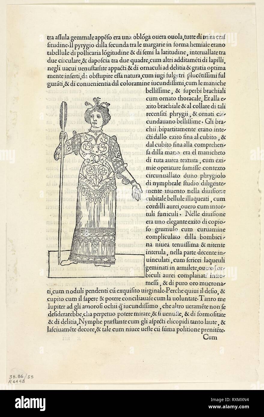 Una Ninfa dalla Hypnerotomachia Poliphili (le lotte di amore in un sogno), la piastra 55 da xilografie da libri del XV secolo. Artista sconosciuto (Venezia, tardo XV secolo); stampato da Aldus Manutius (Italiano, 1449-1515); commissionato da Leonardo Crasso (italiano, attivo c. 1499-1509); testo originale da Francesco Colonna (italiano, 1433/34-1527); testo del portafoglio da Wilhelm Ludwig Schreiber (Tedesco, 1855-1932). Data: 1499. Dimensioni: 134 x 71 mm (nell'immagine); 281 x 188 mm (foglio). Silografia in bianco e nero e stampa tipografica in nero (recto e verso), la crema di cui carta, ribalta su crema carta intessuta mat. Origine: HO Foto Stock