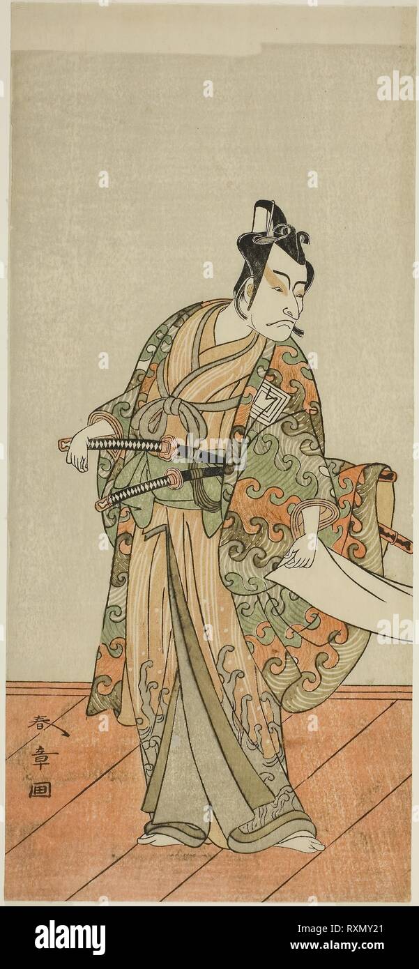 L'attore Ichikawa Danjuro V come Kudo Kanaishi (?) nel gioco Izu-goyomi Shibai no Ganjitsu (?), effettuata presso il Teatro Morita (?) nell'undicesimo mese, 1772 (?). Katsukawa Shunsho ?? ??; Giapponese, 1726-1792. Data: 1767-1777. Dimensioni: 31,6 x 14,3 cm (12 7/16 x 5 5/8 in.). Colore stampa woodblock; hosoban; lamiera sinistra di una composizione multisheet. Provenienza: Giappone. Museo: Chicago Art Institute. Foto Stock