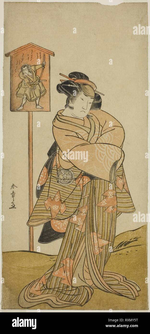 L'attore Yamashita Kinsaku II come Lady Manko (Manko Gozen) (?) nel gioco Hatsumombi Kuruwa Soga (?), effettuata presso il Teatro Nakamura (?) nel primo mese, 1780 (?). Katsukawa Shunsho ?? ??; Giapponese, 1726-1792. Data: 1775-1785. Dimensioni: 31,1 x 14,6 cm (12 1/4 x 5 3/4 in.). Colore stampa woodblock; hosoban. Provenienza: Giappone. Museo: Chicago Art Institute. Foto Stock