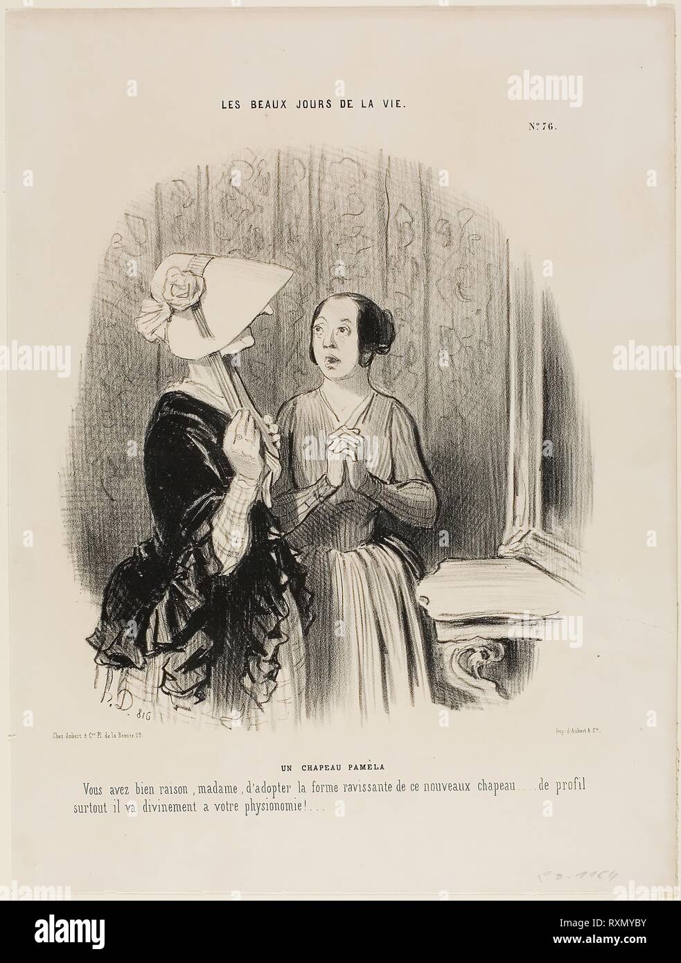 Il Pamela Hat. "Avete perfettamente ragione Madame ad adottare questo incantevole sotto forma di una nuova hat...... soprattutto dal lato si abbina splendidamente la vostra fisionomia.....!,'piastra 76 da Les beaux jours de la Vie. Honoré Daumier Victorin; francese, 1808-1879. Data: 1845. Dimensioni: 235 × 214 mm (nell'immagine); 352 × 265 mm (foglio). Litografia in nero su carta velina avorio carta. Provenienza: Francia. Museo: Chicago Art Institute. Foto Stock