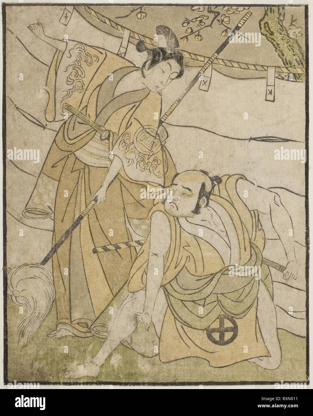 Gli attori Otani Tomoemon I come Emohei (a destra), e Sanogawa Ichimatsu II come Sanada Yoichi (sinistra), nel gioco Myoto-giku Izu no Kisewata, eseguita presso il Teatro Ichimura nell'undicesimo mese, 1770. Katsukawa Shunsho ?? ??; Giapponese, 1726-1792. Data: 1767-1777. Dimensioni: 17,5 x 14,1 cm (6 7/8 x 5 1/2 in.). Colore stampa woodblock; dal libro illustrato Yakusha Kuni no hana (attori di spicco del Giappone). Provenienza: Giappone. Museo: Chicago Art Institute. Foto Stock