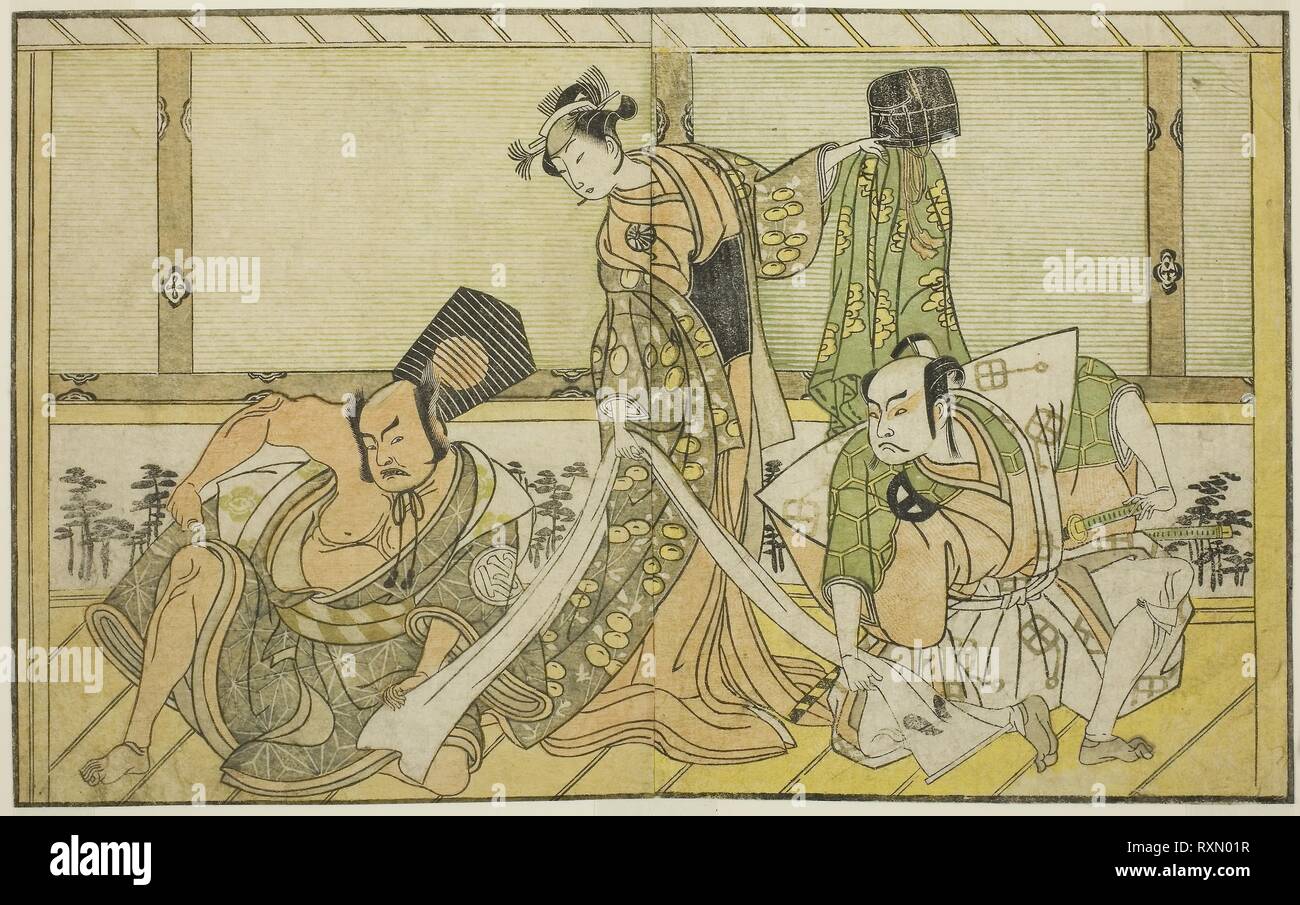 Gli attori Otani Hiroji III come Kawazu no Saburo (a destra), Segawa Kikunojo II come Principessa Tatsu (Tatsu Hime) (centro), e Nakamura Sukegoro II come Matano no Goro (sinistra), nel gioco Myoto-giku Izu no Kisewata, eseguita presso il Teatro Ichimura nell'undicesimo mese, 1770. Katsukawa Shunsho ?? ??; Giapponese, 1726-1792. Data: 1767-1777. Dimensioni: 17,1 x 27,7 cm (6 3/4 x 10 7/8 in.). Colore stampa woodblock; dal libro illustrato Yakusha Kuni no hana (attori di spicco del Giappone). Provenienza: Giappone. Museo: Chicago Art Institute. Foto Stock
