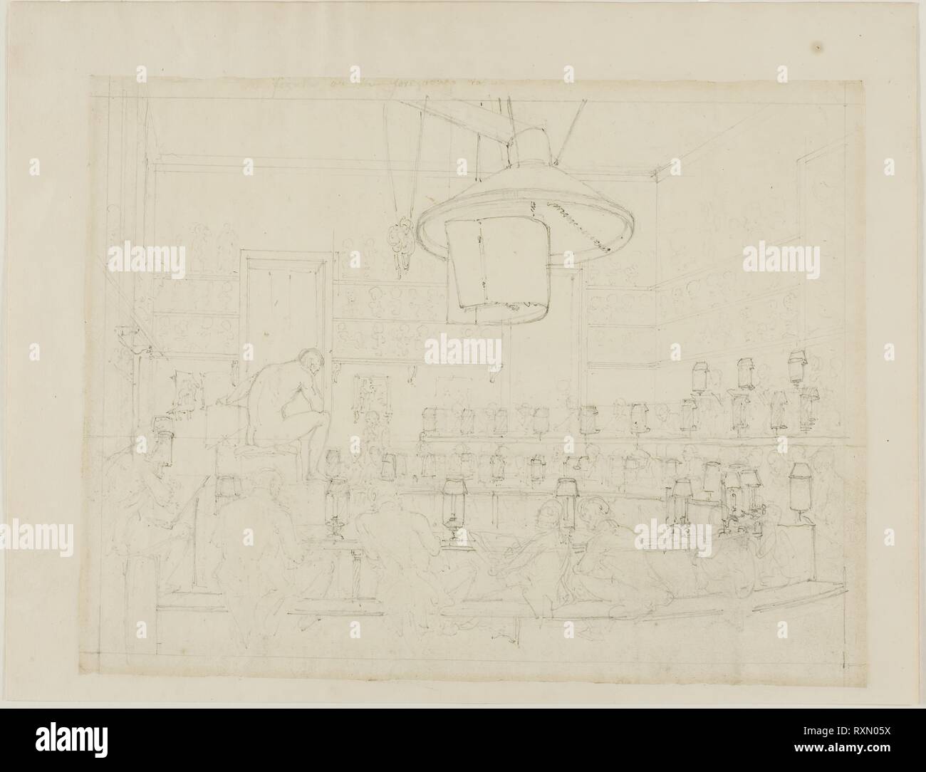 Studio per il disegno da vita alla Royal Academy e la Somerset House, dal microcosmo di Londra (recto); studio di disegno da vita alla Royal Academy e la Somerset House, dal microcosmo di Londra. Augusto Charles Pugin (inglese, nato in Francia, 1762-1832); Thomas Rowlandson (Inglese, 1756-1827). Data: 1807-1808. Dimensioni: 212 × 275 mm. Grafite (recto e verso) sulla crema carta intessuta. Origine: Inghilterra. Museo: Chicago Art Institute. Foto Stock