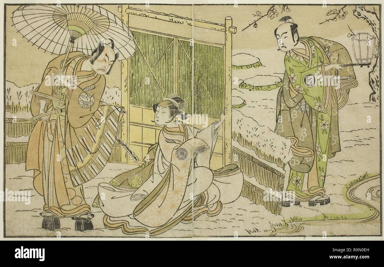 Gli attori Arashi Sangoro II come Minamoto Yoritomo no (a destra), Segawa Kikunojo II come Yuki Onna (centro), e Ichimura Uzaemon IX come Kajiwara Genta no Kagetoki, nel gioco Myoto-giku Izu no Kisewata, eseguita presso il Teatro Ichimura nell'undicesimo mese, 1770. Katsukawa Shunsho ?? ??; Giapponese, 1726-1792. Data: 1767-1777. Dimensioni: 17,2 x 28,1 cm (6 3/4 x 11 1/16 in.). Colore stampa woodblock; dal libro illustrato Yakusha Kuni no hana (attori di spicco del Giappone). Provenienza: Giappone. Museo: Chicago Art Institute. Foto Stock